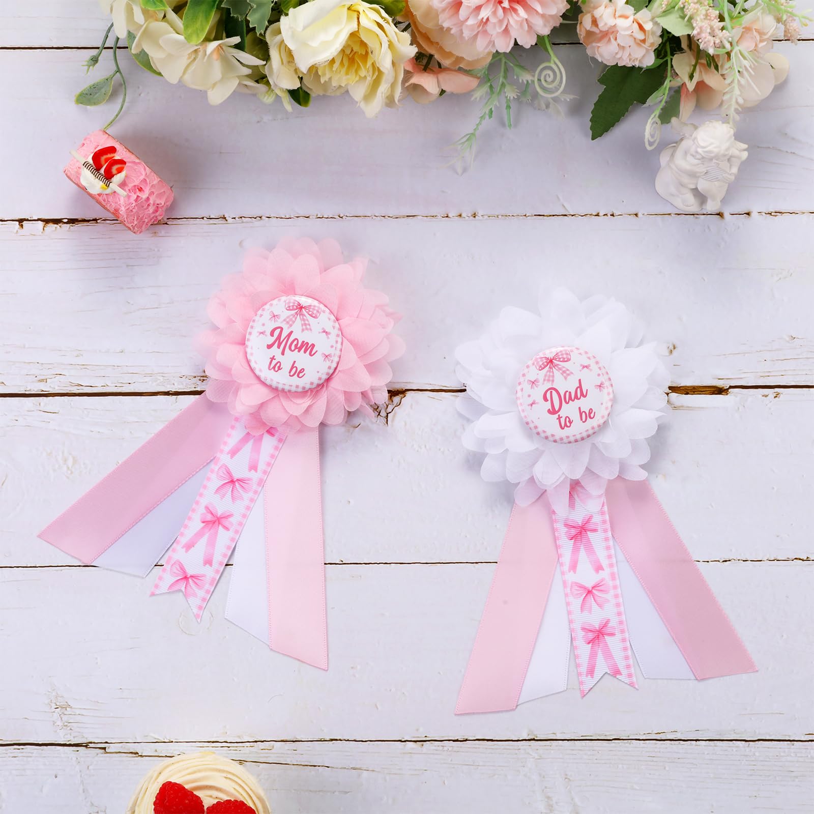 Cheerupp Pink Bow Gender Reveal Maternity Sash Kit, Pink Picnic Baby Shower Belly Belt and Mom To Be Dad To Be Corsage Pins - Image 3