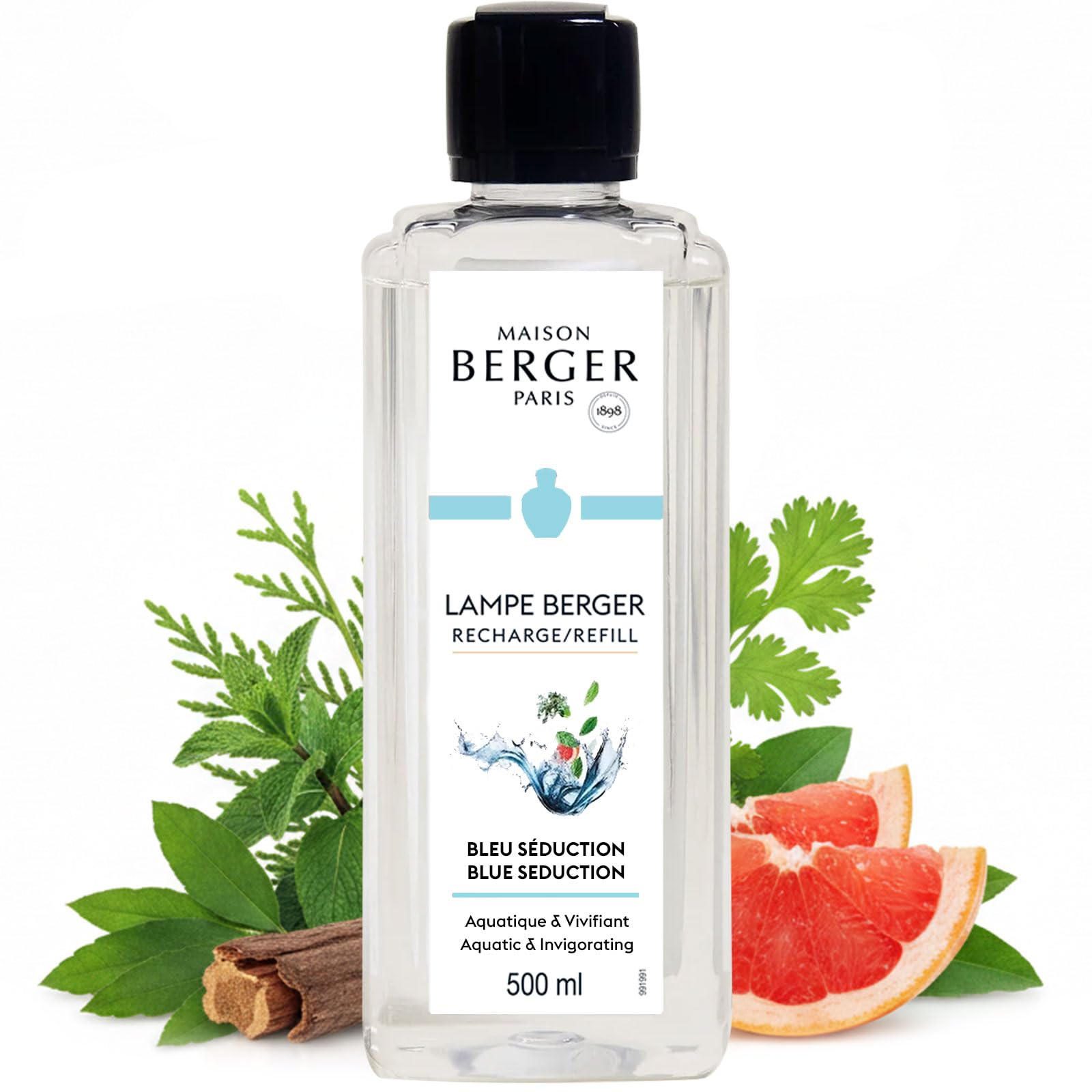 Maison Berger Bleu Seduction Lampe Berger Refill, 500 ml (16.9 fl oz), Odor-Neutralizing Home Fragrance Oil for Maison Berger Lamps, Aquatic Notes, Grapefruit, Coriander, Maritime Pine, Made in France
