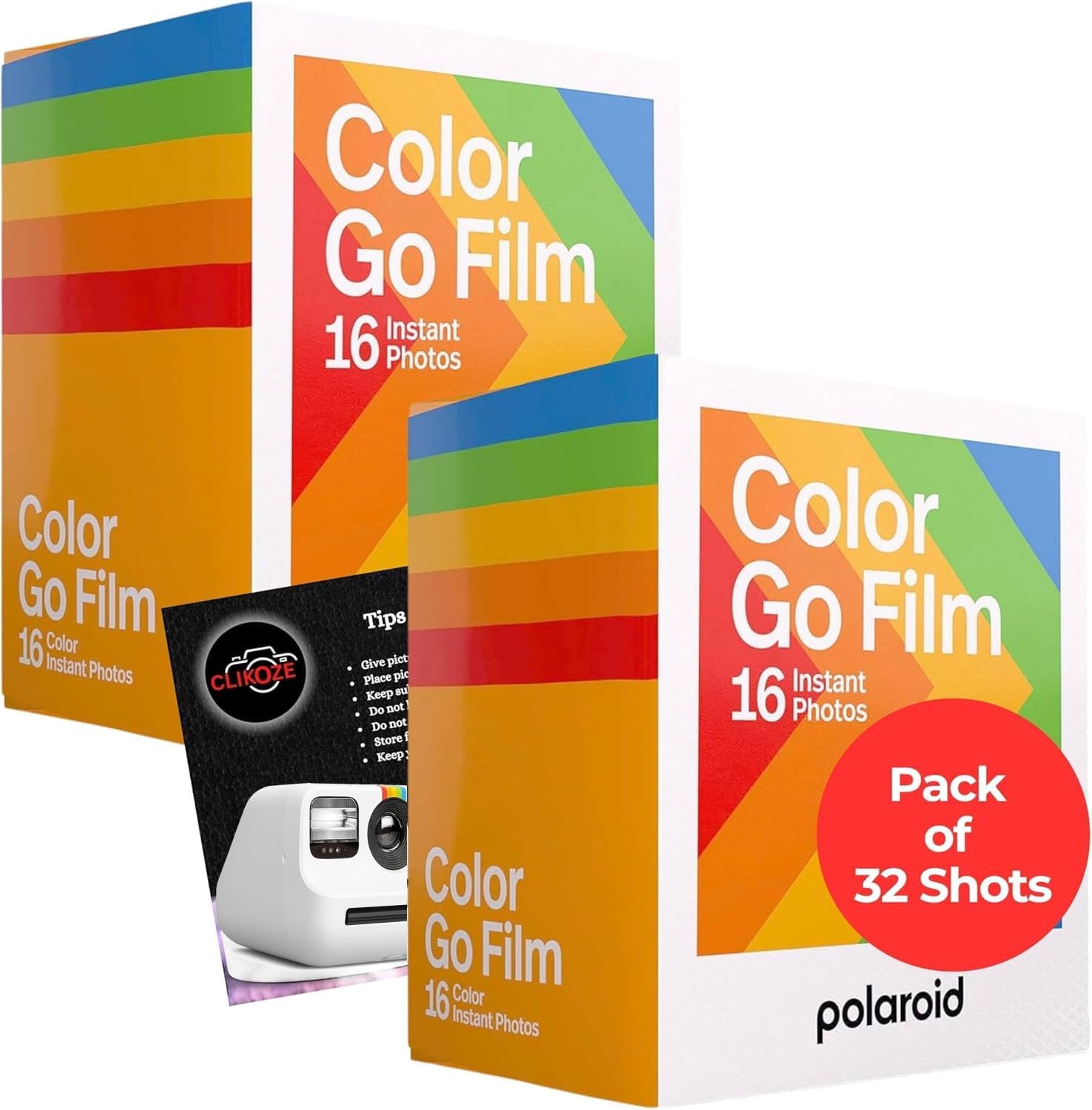 Go Color Film Bundle for Polaroid Camera (Pack of 32 Shots) - Compatible with Polaroid Go, not I-Type or 600 Cameras - Clikoze Instant Cameras Tips Card Included