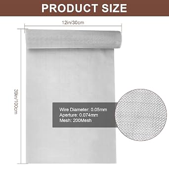 304 Stainless Steel Screen 200 Mesh, 39.3 X 11.8(100cm X 30cm) Metal Mesh Screen, Woven Fine Wire Mesh for Filter Mesh, Garden Wire and DIY Project