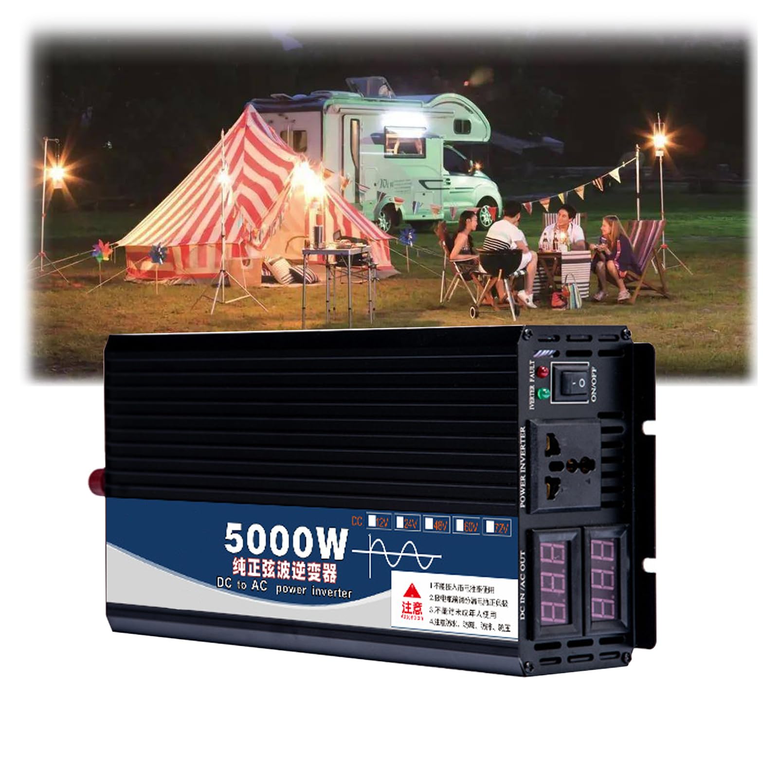 Falownik sinusoidalny 2500 W, DC 12 V 24 V 48 V 60 V 72 V do AC 110 V/220 V, 5000 W (szczyt) z wyświetlaczem LCD, 2 gniazda AC do kempingu,instalacji solarnych poza siecią,Dc 12v,AC 110V