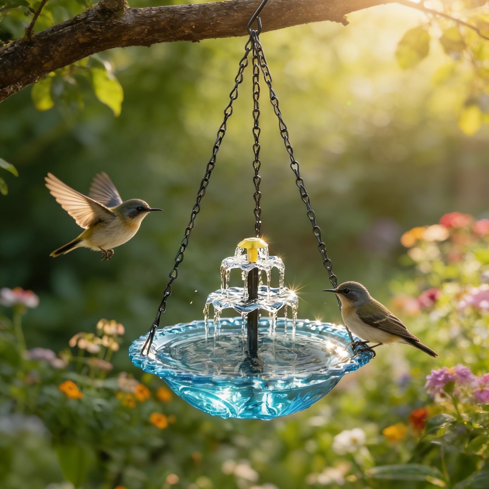 Vogeltränke Hängend mit Solarbrunnen, Solar Vogeltränke Balkon, Vogelbad Garten zum Aufhängen, Wassertränke für Vögel mit Springbrunnen Wasserspiel,Metall Trinkschale Vögel für Garten Hof Outdoor (A)