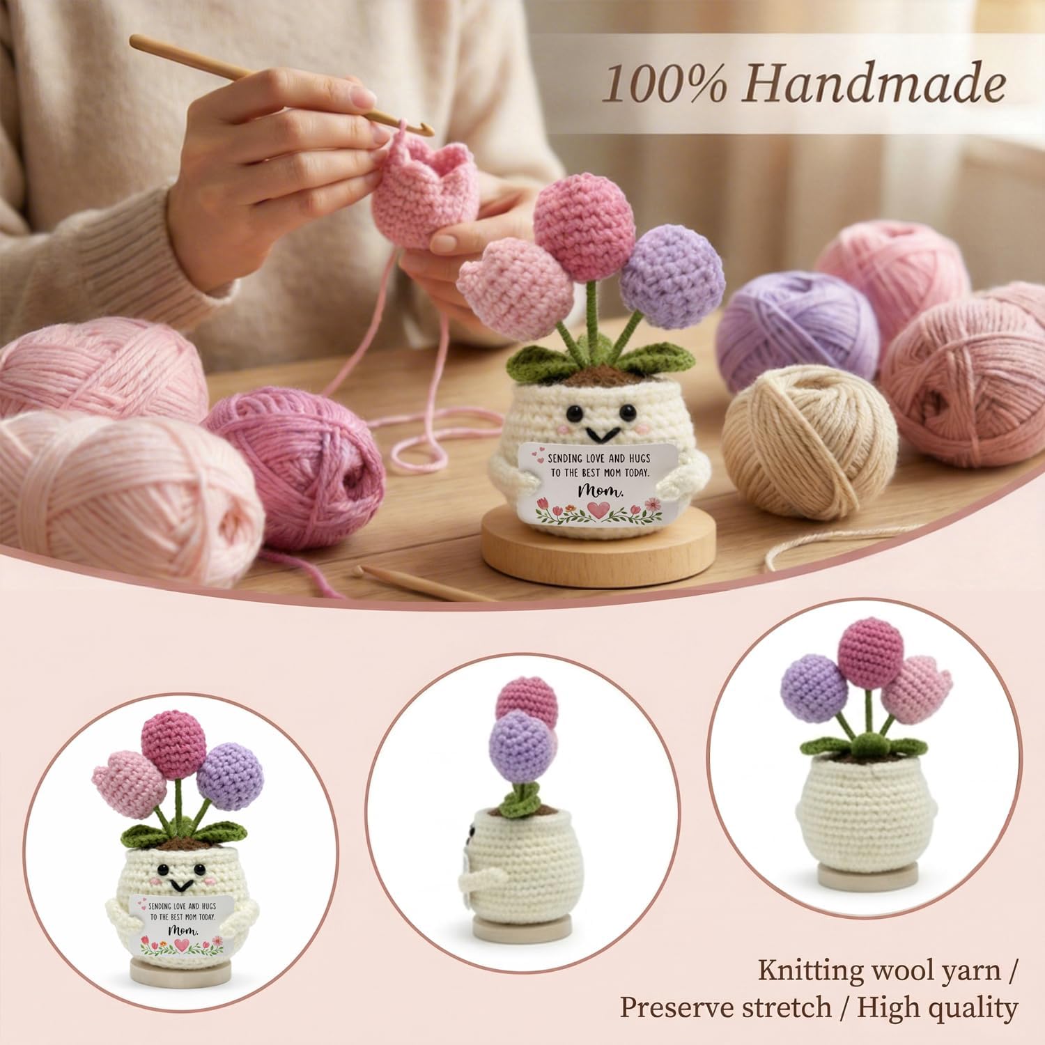 Mothers Day Present for Mom, Crochet Tulip Doll Handmade Flower, Cute Knitted Tulip Plush, Emotional Support Keepsake from Daughter Son, Unique Birthday Surprise for Mother
