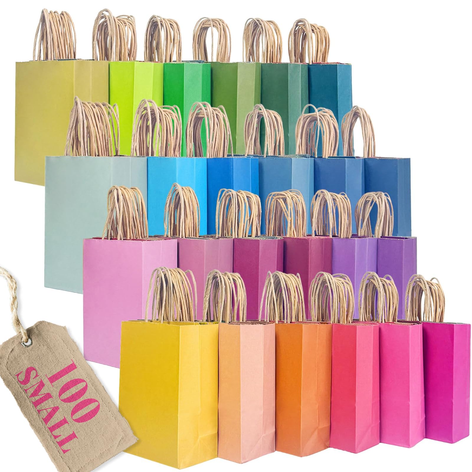 Gcardist Small 100Pcs Paper Gift Bags 21x15x8cm with Handles - Kraft Colorful Party Bags - 24 Solid Colors（8.3"x6"x3.15"）