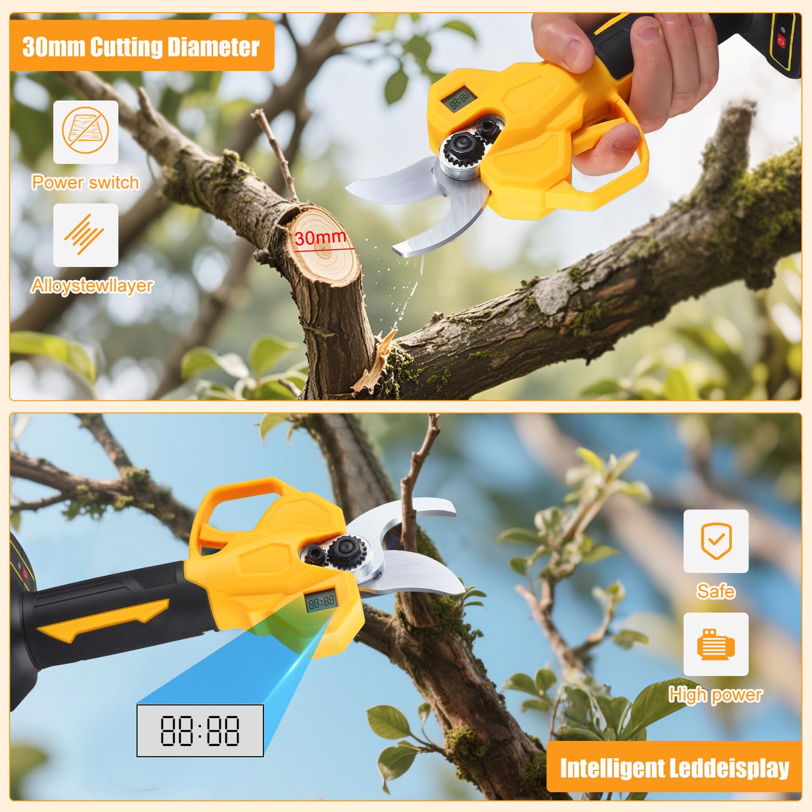 Sécateur Électrique Sans Fil 30mm, Secateur a Batterie, Secateur Electrique Professionnel avec 2 x 2000 mAh, Écran LCD, Moteur Brushless, SK7 Lame, Secateur de Jardin pour Arbres, Arbres fruitiers