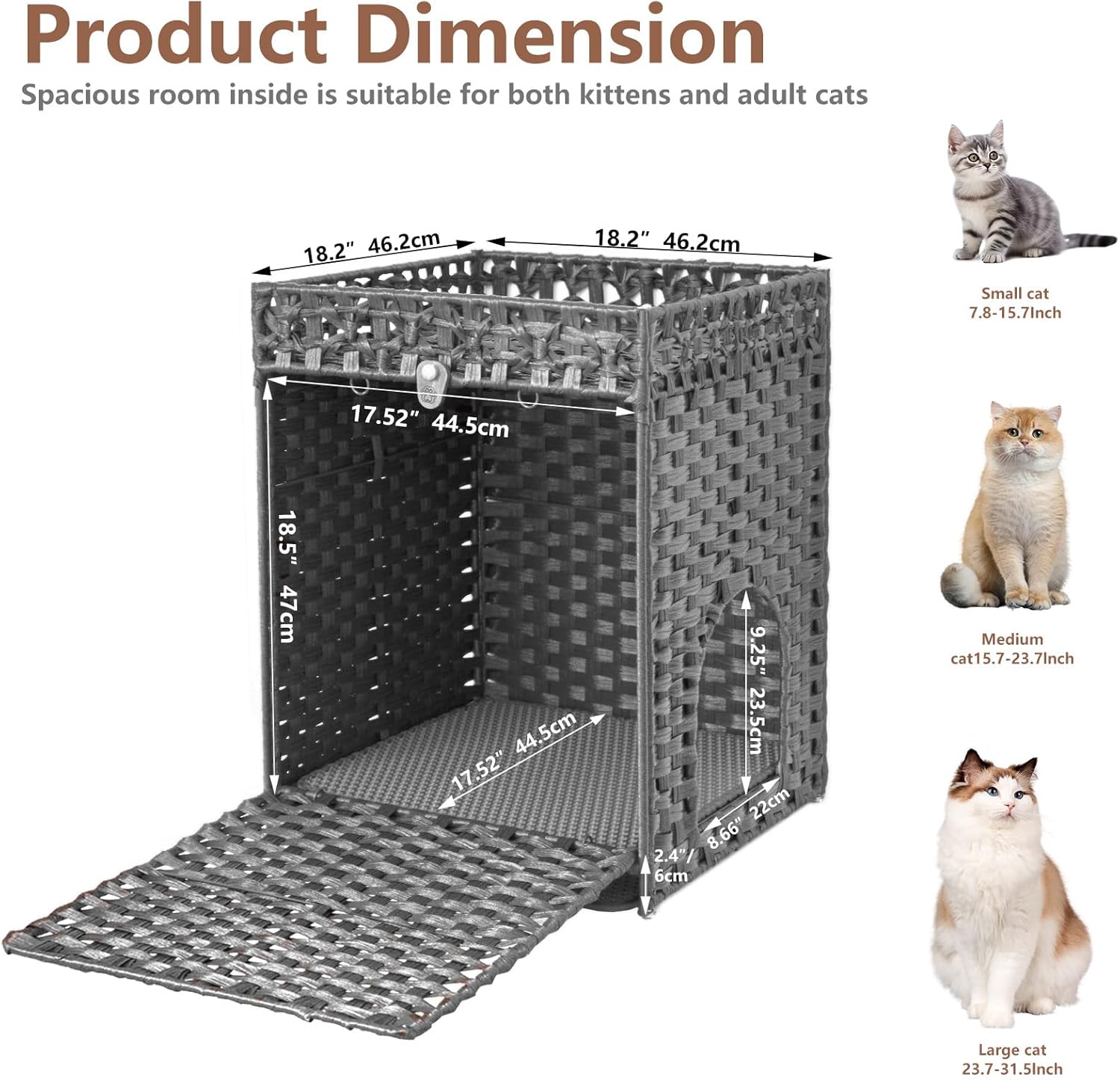 KOUSEI Handwoven Rattan Cat Litter Box Enclosure Furniture - Hidden Indoor Pet House with Door & Mat, Discreet Washroom Cabinet for Living Room and Bedroom, Grey