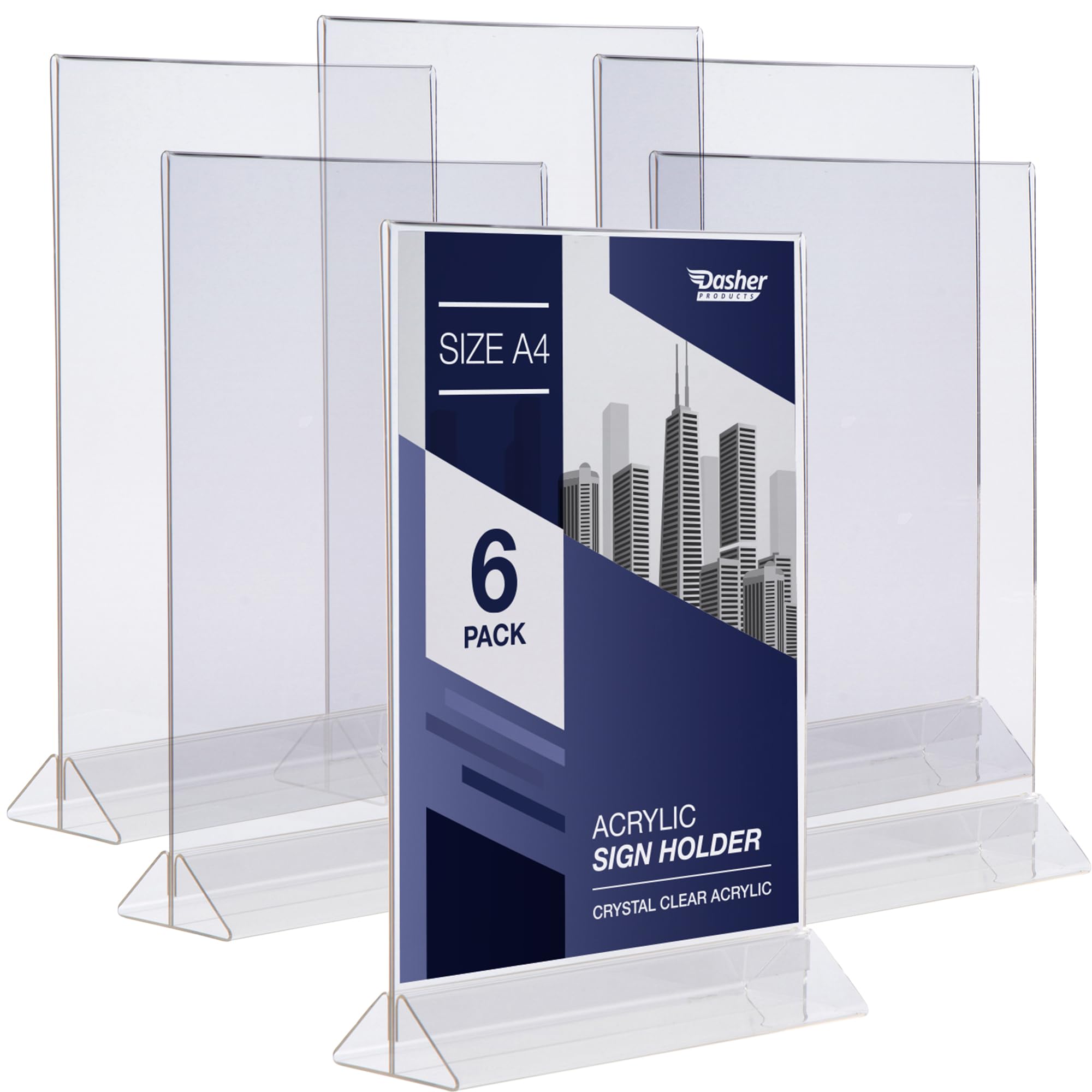 Dasher Products Clear Acrylic Sign Holder A4 - T Shape Double Sided Frame Holder With Easy Bottom Loading Design, Portrait Style Menu Ad Display, Plastic Sign Frames For Flyer, Menu, Display, Photos, And More (A4 - 6 Pack)