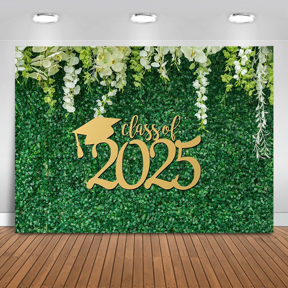 Mocsicka Class of 2025 Graduation Backdrop Green Leaves Flowers Congrats Grad Background Greenery Wall Graduation Prom Party Decor Supplies Photo