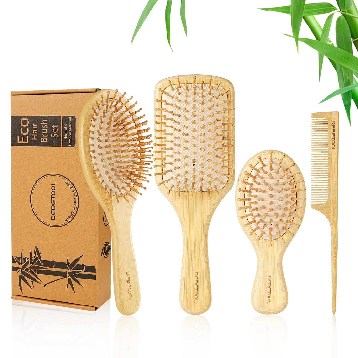DEBETOOL Bamboo Hair Brush and Comb Set for Women Men and