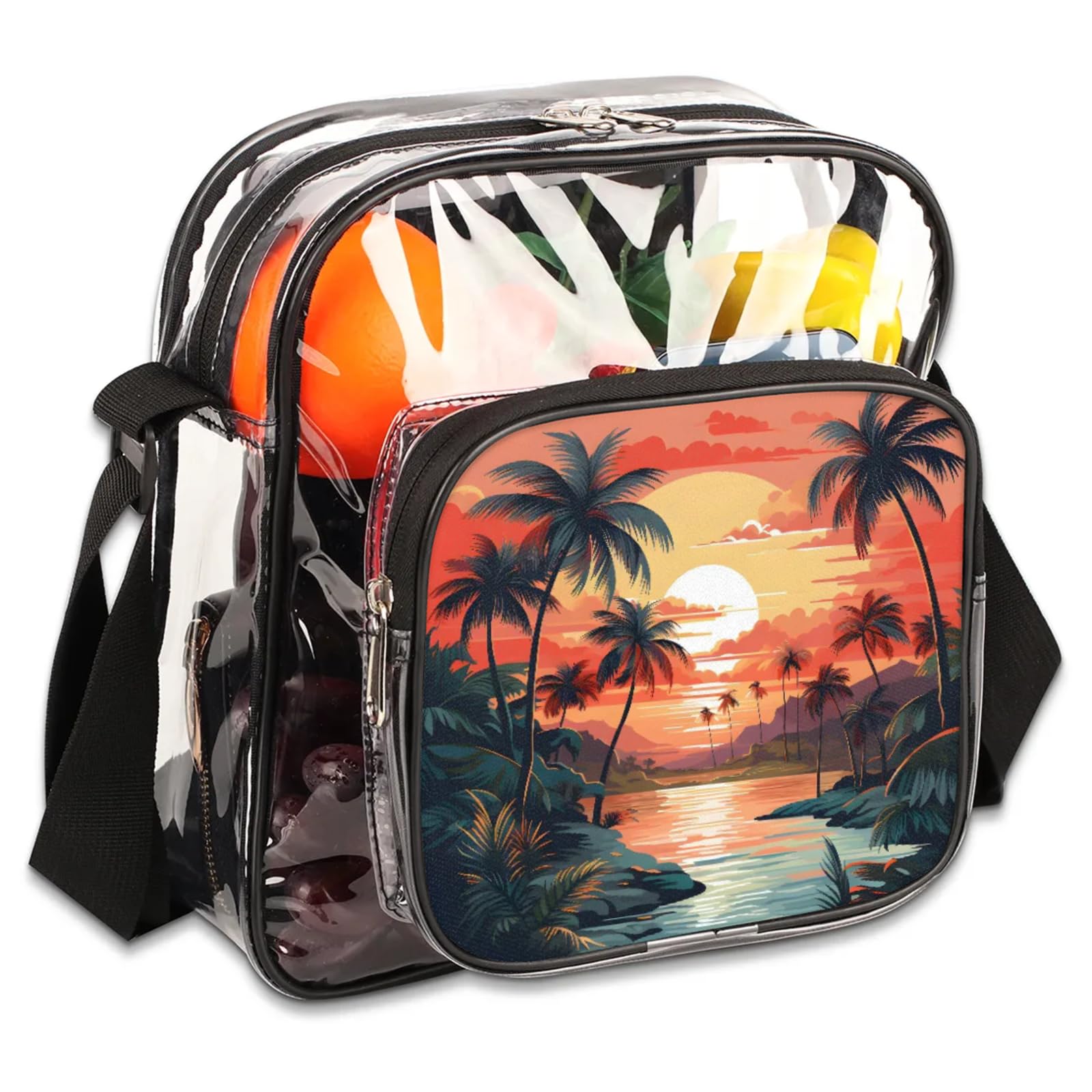 Clear Crossbody Bag Stadium Approved Beach Sunset Transparent Bag for Festivals, Sports Events, Concerts,Beach Bag for Women Men Plam Tree Landscape Clear Purse with Front Pocket Messenger Bag