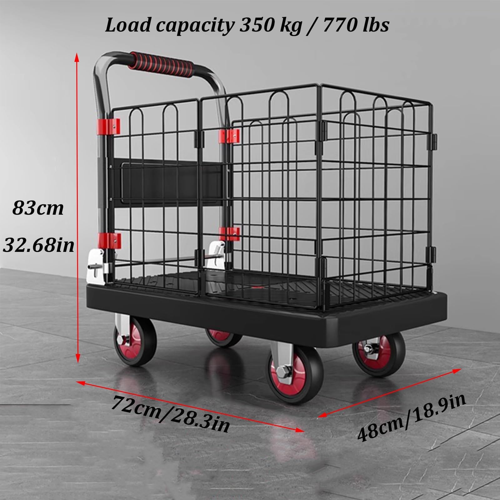 Ciężarówka platformowa o dużej wytrzymałości ze zdejmowaną klatką, pojemność 250 kg, wózek przemysłowy, przenośny, płaski wózek ręczny do magazynu, artykułów spożywczych, pralni, regałów, 83 x 72 x 48