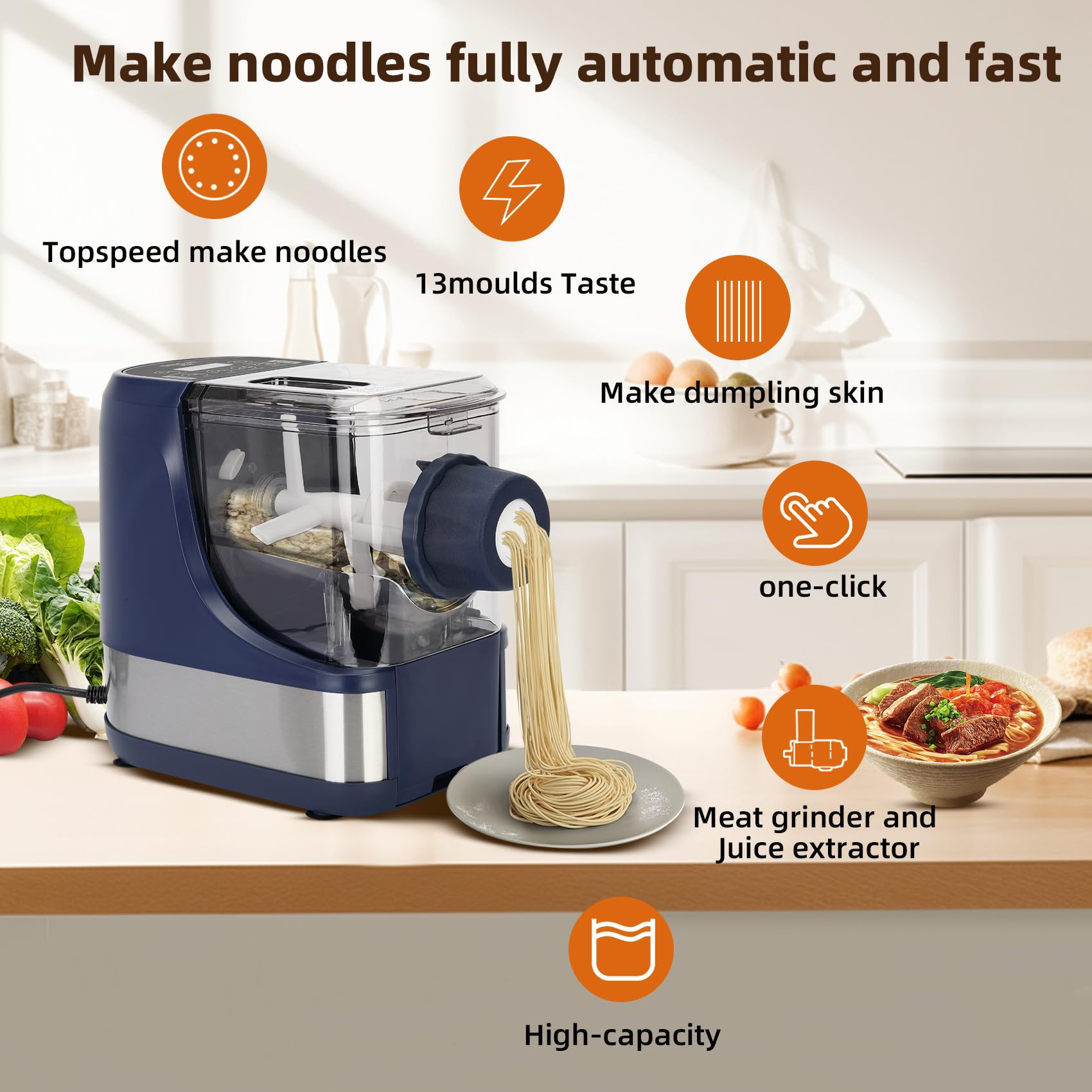 Electric Pasta Maker Machine Automatic Noodle Maker Machine& Juicer  Machine& Meat Grinder with 13 Molds for Spaghetti Fettucine and More, the  Price