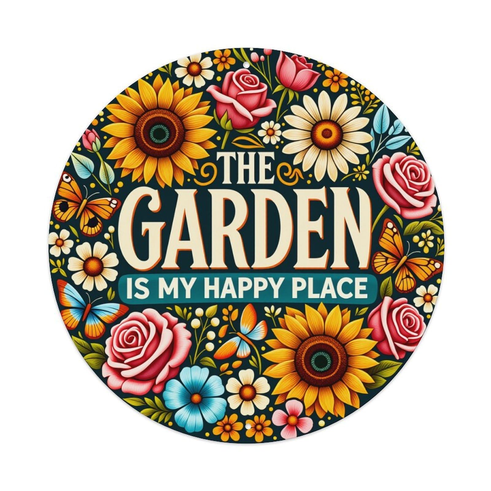 Floral Garden Butterflies Roses Sunflowers Round Tin Sign Vintage Style Metal Sign Home Bar Garden Wall Plaque Decor Metal Poster 8x8 Inch