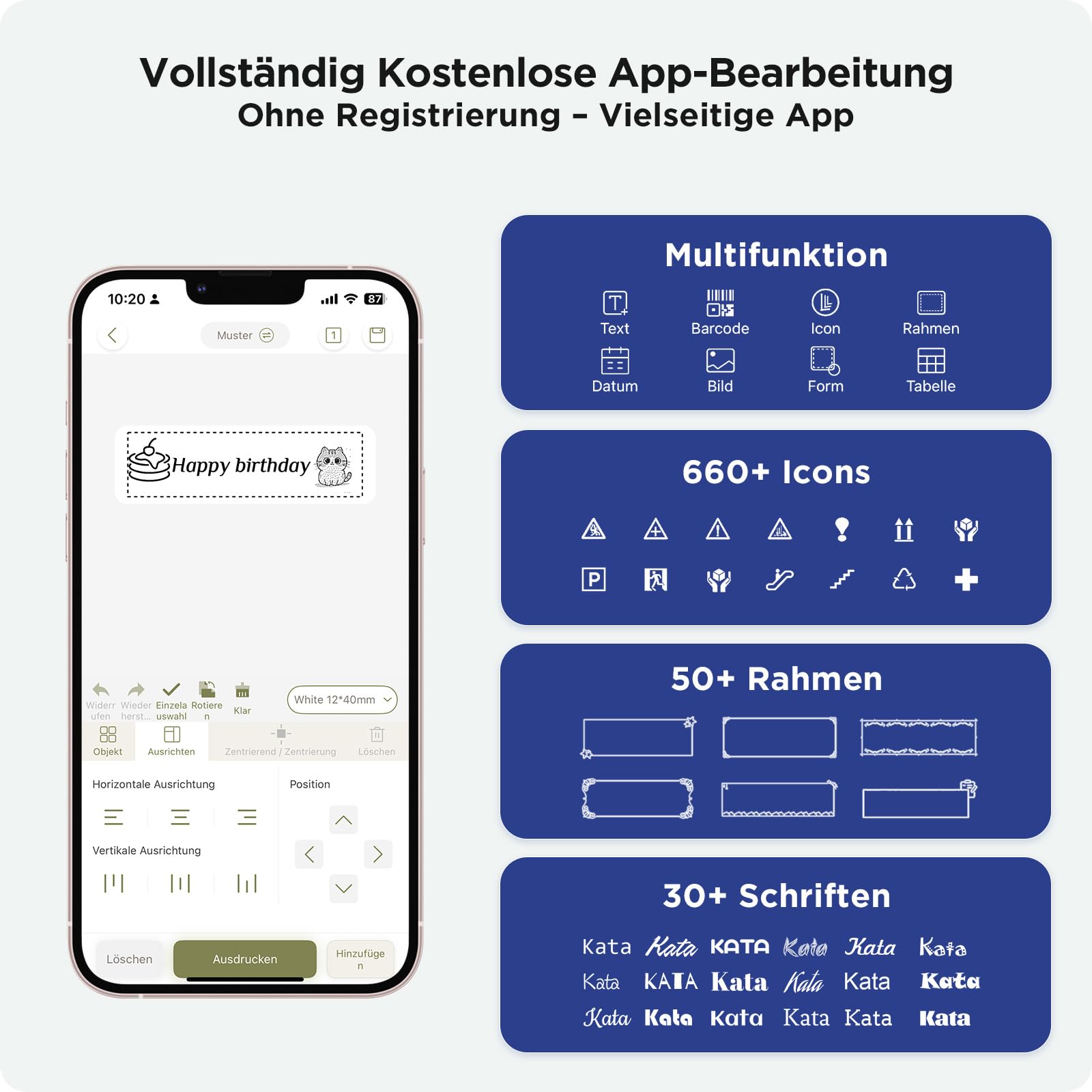 SUPVAN E12 Etikettendrucker, mit QWERTZ Tastatur und Beleuchtetem Grafikdisplay, 4 Rollen Wasserfester Etiketten Selbstklebend für Büro, Schule & Zuhause, Weiß