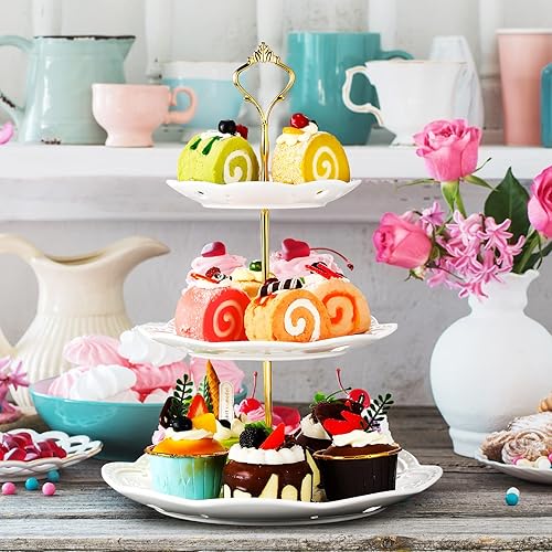 Miniatura 5 de Tatuo 2 soportes de porcelana de 3 niveles para cupcakes, torre para tartas, pastelería para servir postres, soporte escalonado de cerámica blanca
