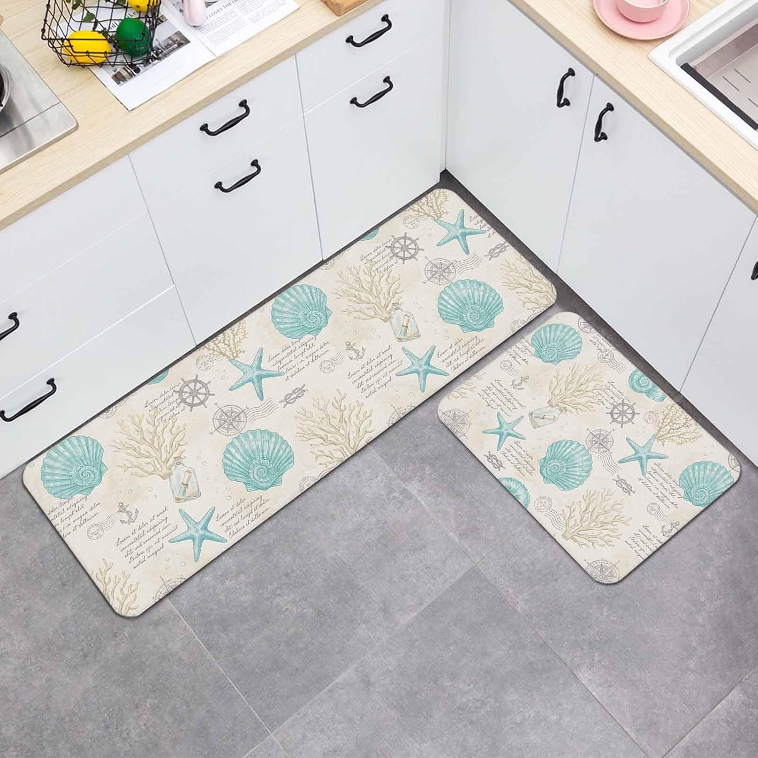 Retro Ocean Kitchen Mat Set 2 Pieces Nautical Coastal Turquoise Seashells Starfish Coral Compass Non Slip Kitchen Rugs Washable Runner Mats for Floor Sink Laundry Office 23.6" x 35.4"+23.6" x 70.9"