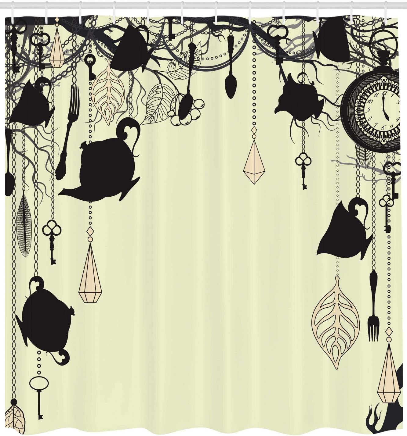 Ambesonne Antique Shower Curtain, Vintage Tea Party Diamond Figures Forks Spoons Cups Leaves Tree Branch Art, Fabric Bathroom Decor Set with Hooks, 105" Extra Wide, Avocado Green Black