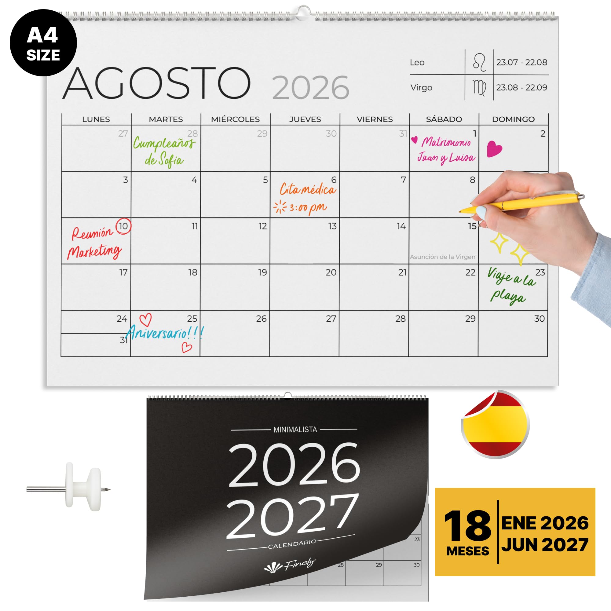 Finoly Calendario 2026 Pared Julio 2026 Diciembre 2027 (18 Meses) | Calendario Mensual 2026 | Calendario Pared 2026 | Almanaque 2026 con Cuelga Fácil
