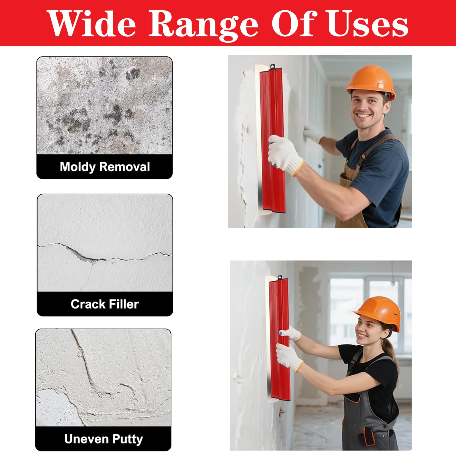 Spatole per Stucco 3 pezzi acciaio inox (20cm+40cm+85cm) Frattazzo per Lisciare Muri e Soffitti, Utensile Professionale per Intonaco, Pittura e Rimozione Gesso (Rosso)
