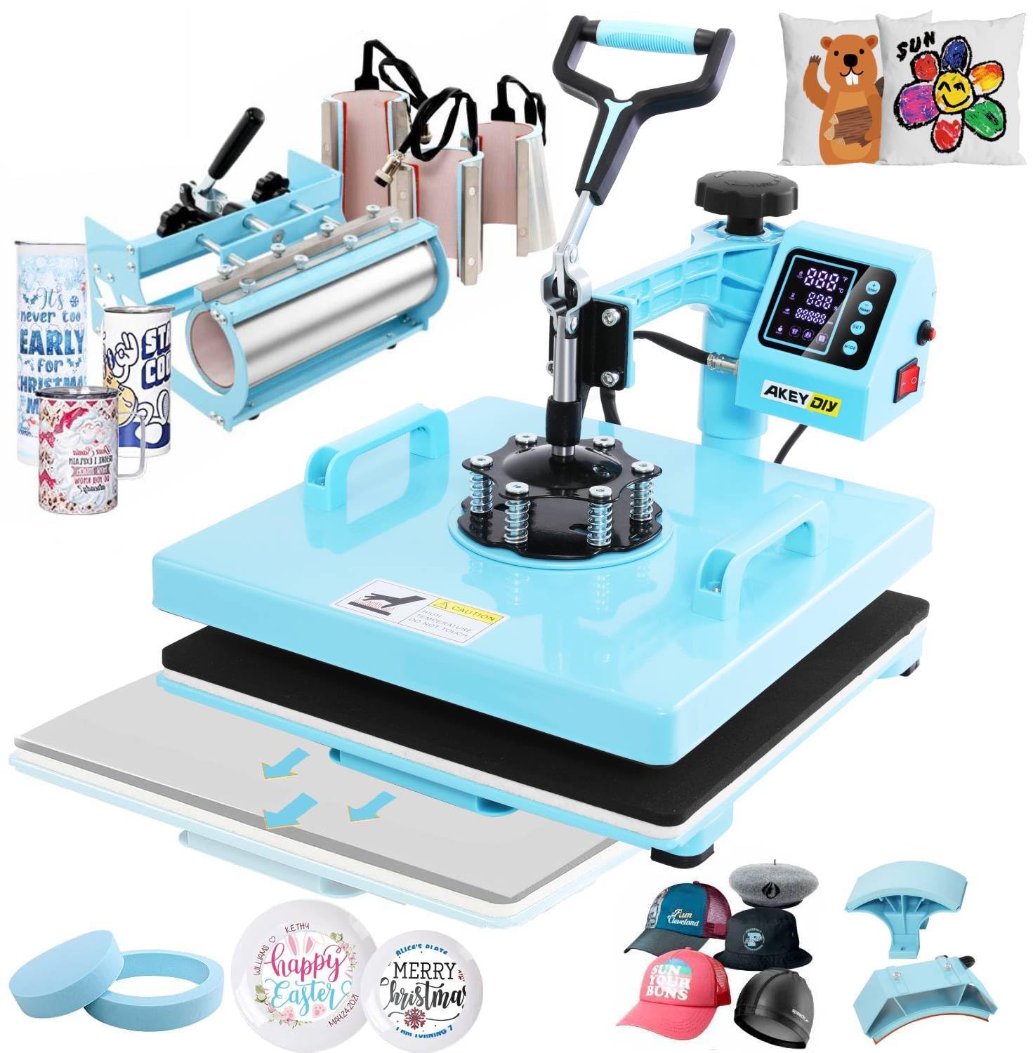 Prensa de calor WHUBEFY de 15 x 15 pulgadas, 8 en 1, con vaso de 30 oz, máquina de sublimación digital deslizable, prensa de calor para camisetas, tazas, gorras y platos, 1400 W