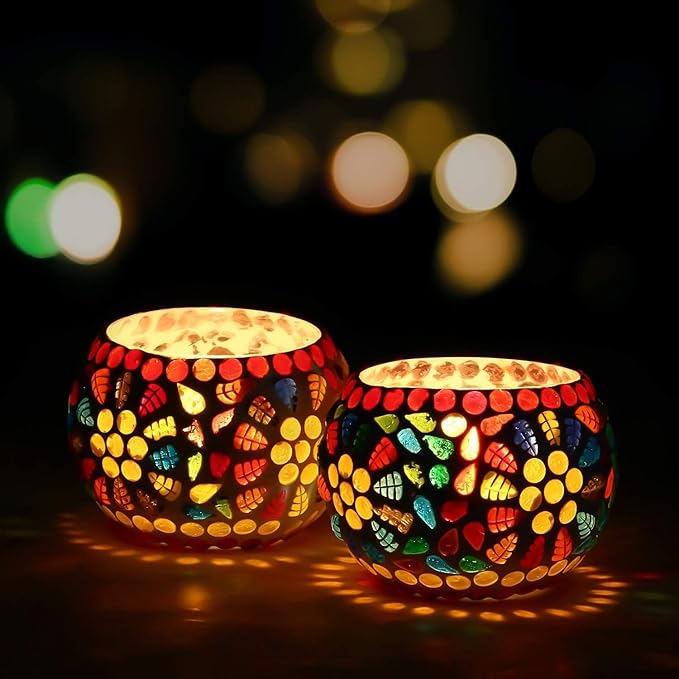 WebelKart Set of 2 Mosaic Glass TeaLight Votive Candle Holder with Tea Light Candles for Living Room Table Home Decor Indoor Outdoor -Christmas Decorations Items (Multicolor, Glass)