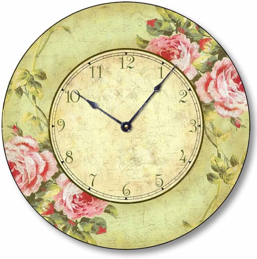 Item C2012 Vintage Shabby Chic Style 10.5 Inch Pink Rose Clock