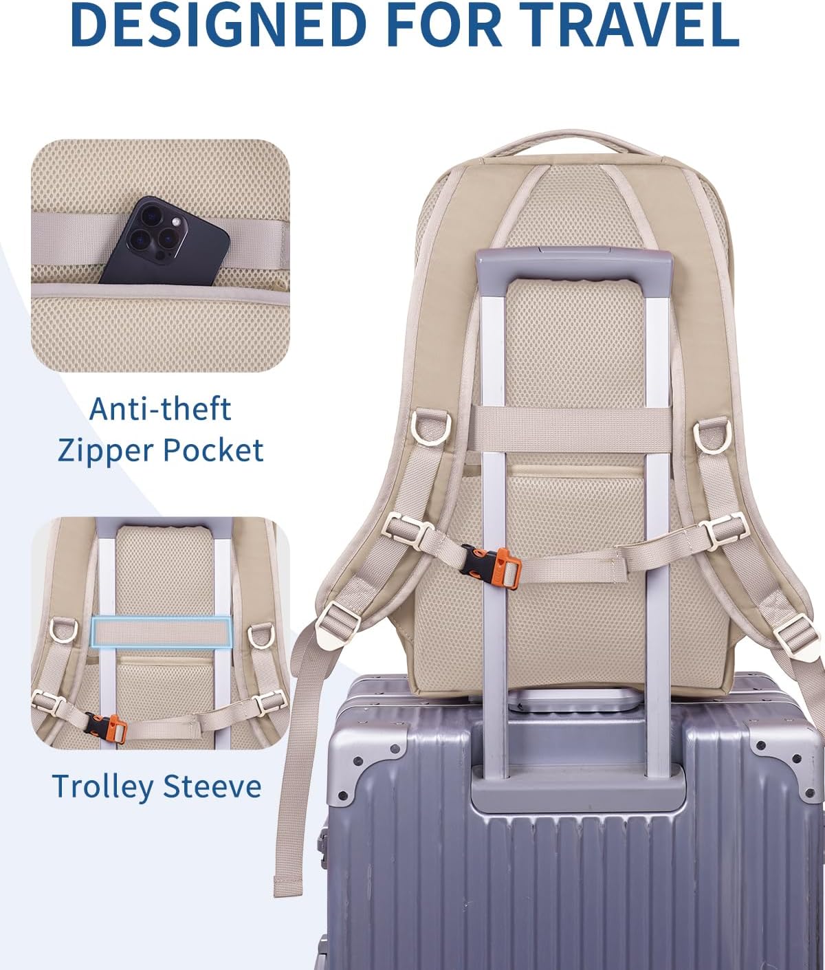 WANDF 15.6-Inch Laptop Backpack for Women, Travel Backpack Water-Resistant Lightweight College Backpack for Work Casual Business Weekender (Khaki) - Image 9