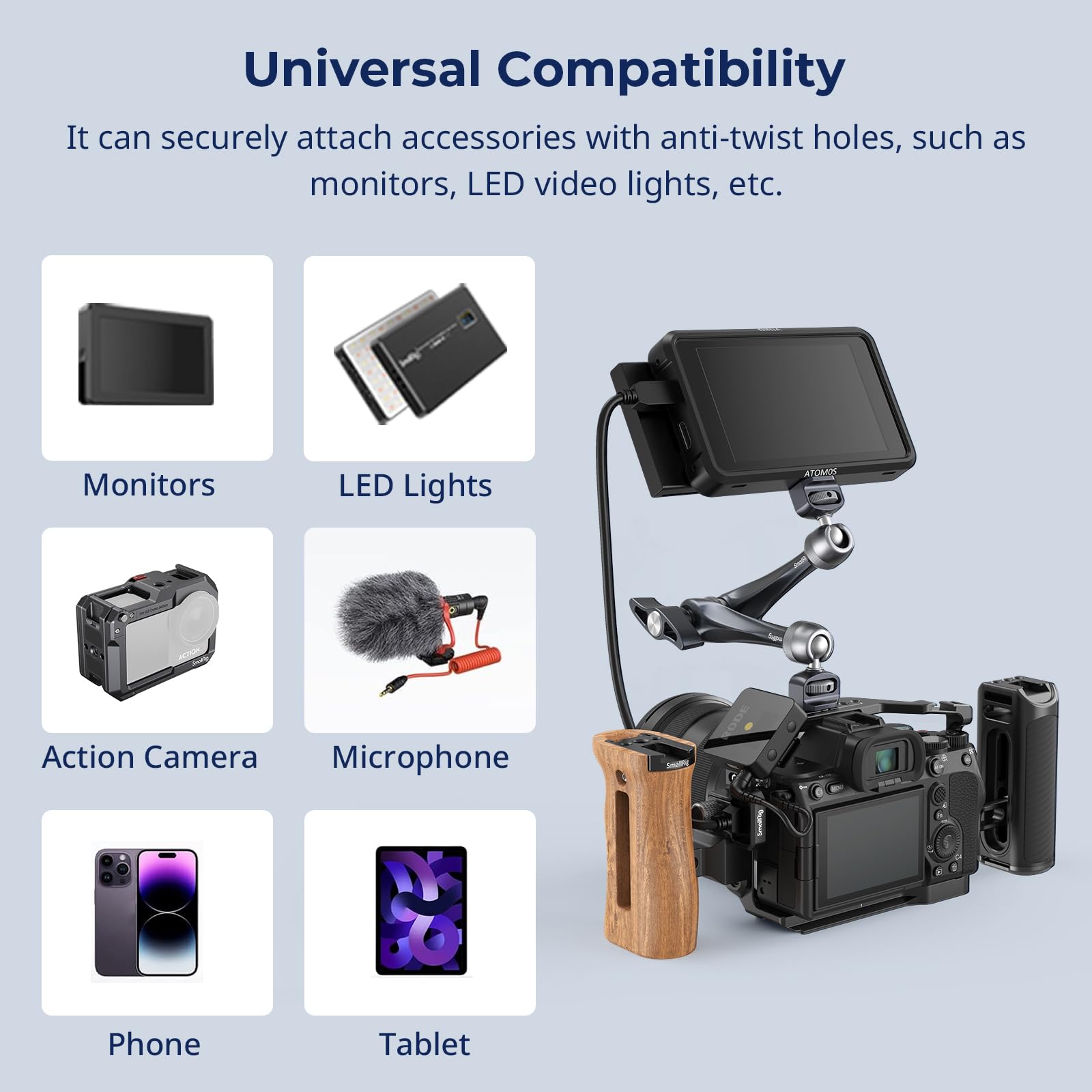 SMALLRIG Soporte para monitor de cámara de 11 pulgadas, brazo articulado con tornillo de posicionamiento de 1/4"-20 y 3/8"-16 para ARRI, carga máxima de 3 kg, brazo de fricción, para cámaras
