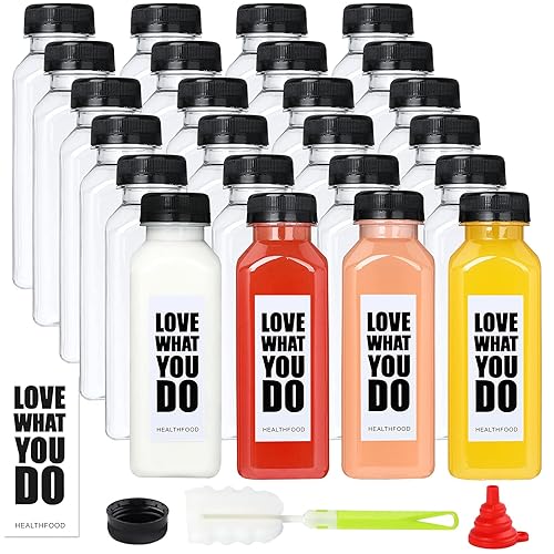 Botellas vacías de jugo de 8 onzas con tapas, paquete de 24 botellas de agua reutilizables de plástico PET transparente, recipientes reciclables a