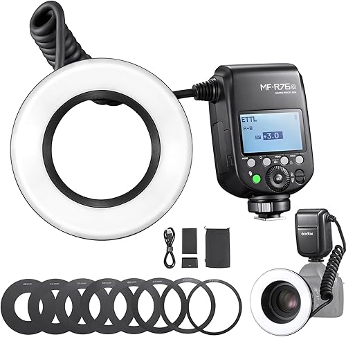 GODOX MF-R76C Macro Ring Flash para Canon TTLM Modo CCT 5900K 76Ws 2.4G Control inalámbrico 550 Flash de potencia completa 0.1-1s Tiempo de