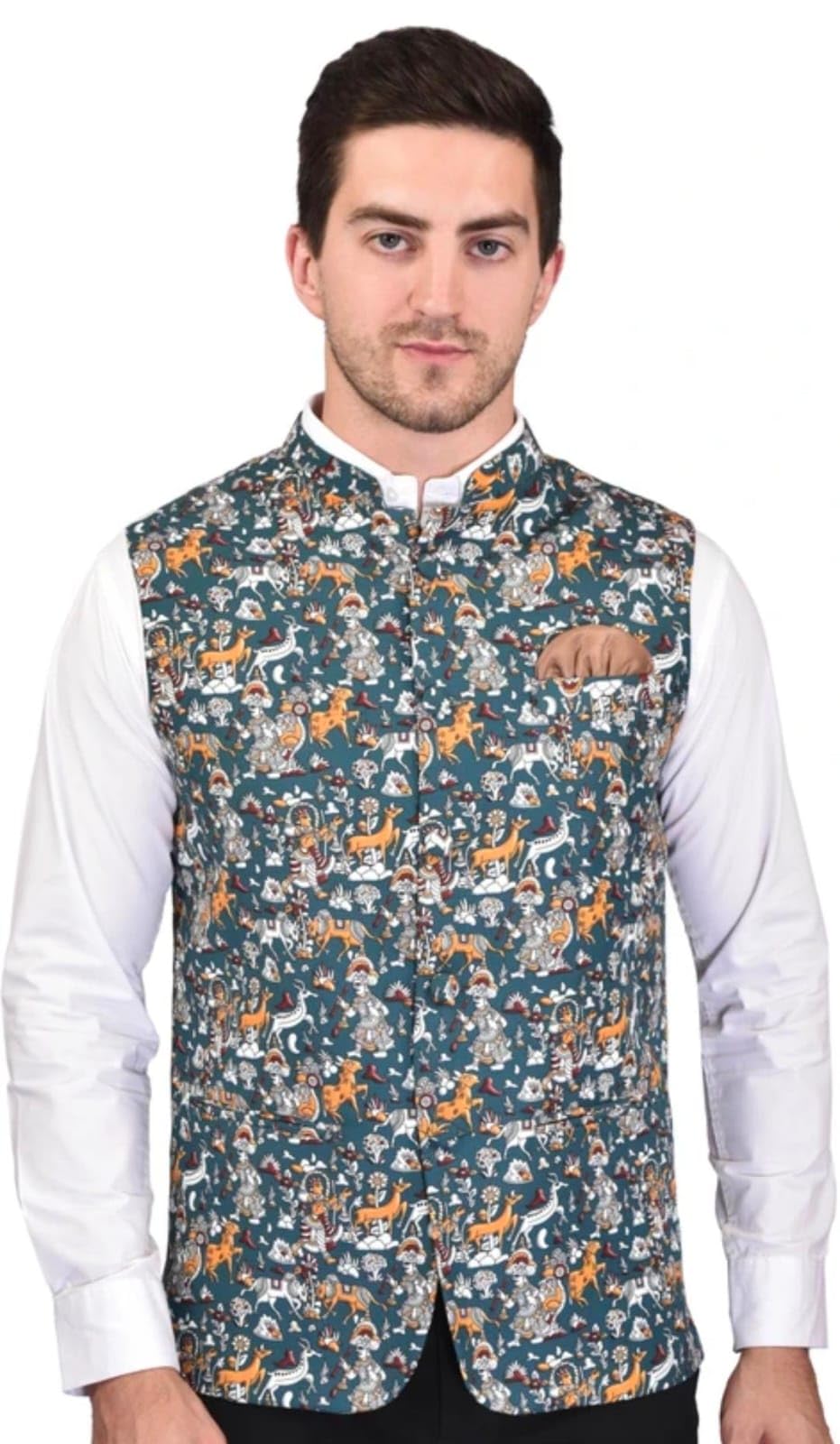 Men's Multicolour Ikat Print Nehru Jacket Vest, Ethnic Festive Waistcoat-image-6