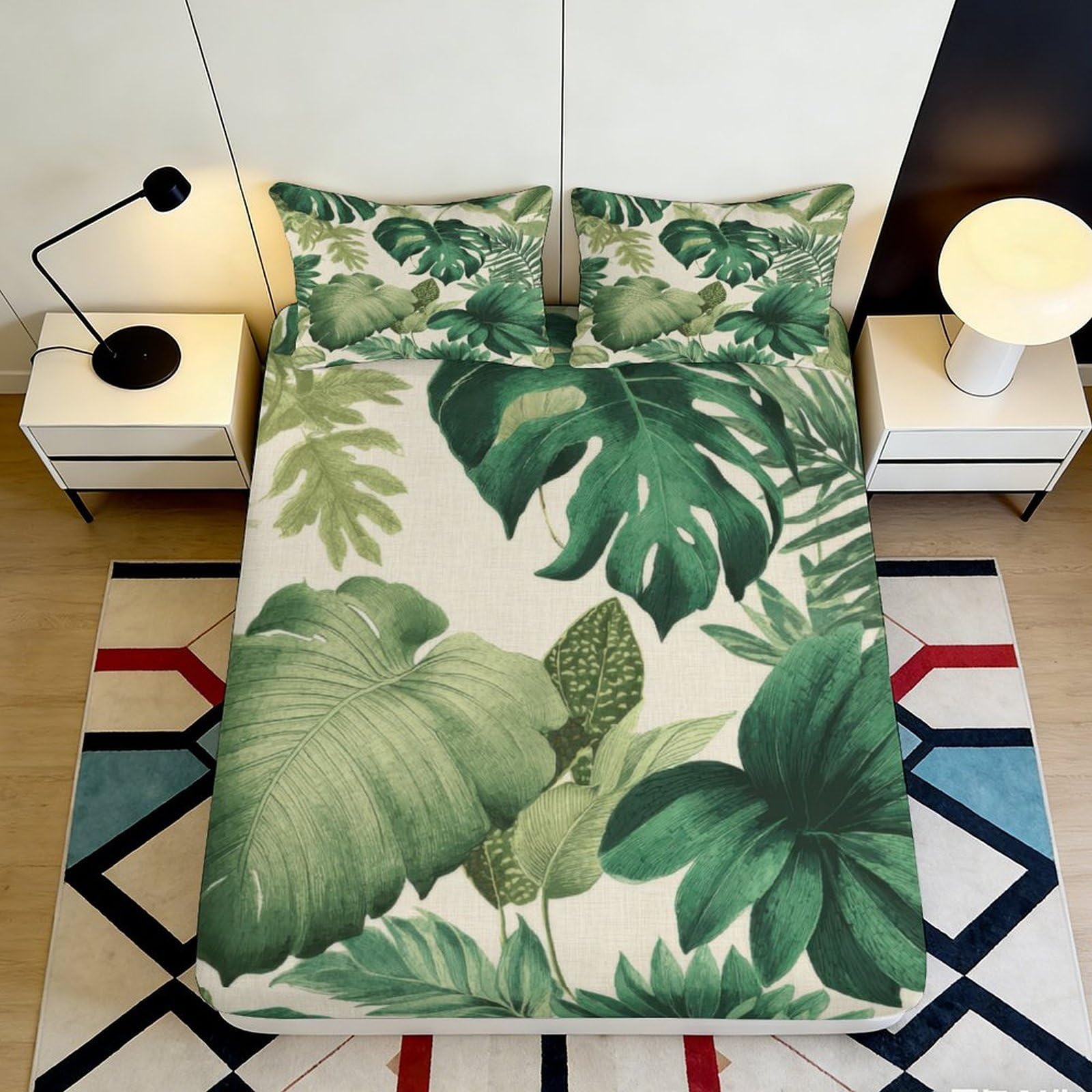 Jqzkxnhpbr Style-4 3D Printed Tropical Leaf Fitted Sheet Microfiber Soft Green Botanical Bed Cover For Bedroom Guest Room Decor 90X200x25cm