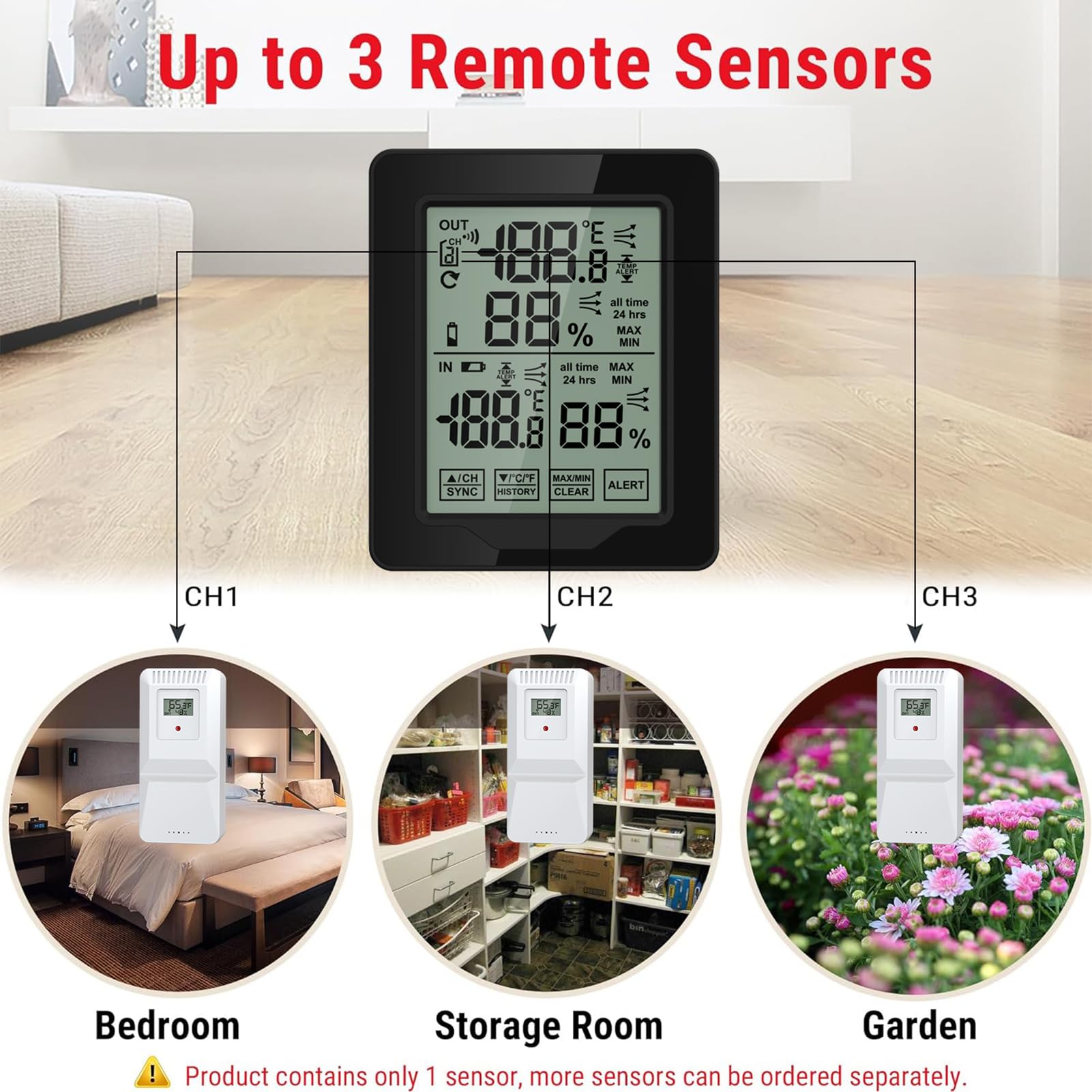 Termometro per interni ed esterni con retroilluminazione bianca, misuratore di umidità della temperatura accurato, registrazioni MAX/MIN, sensore remoto wireless