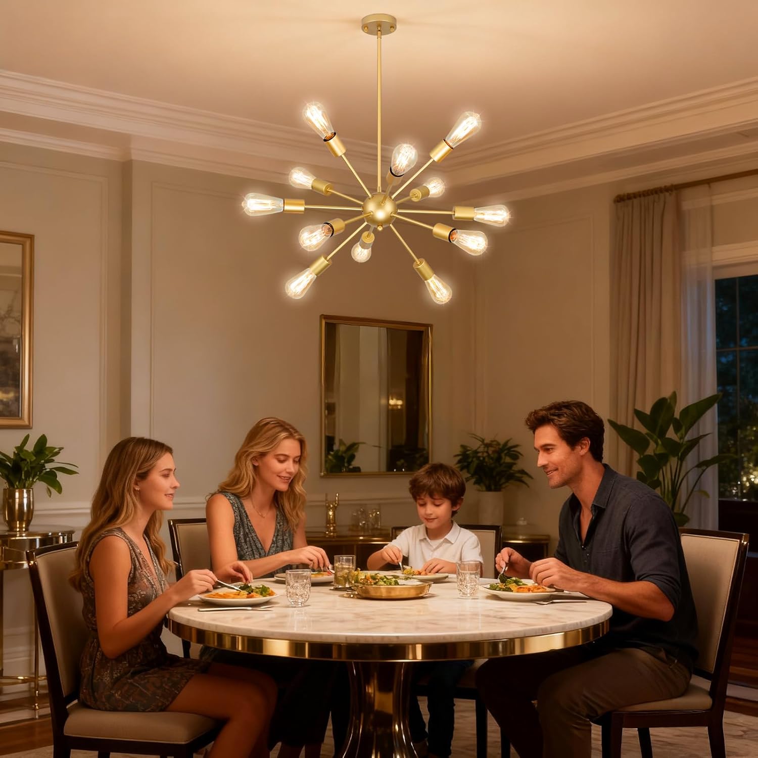 Gold Sputnik Chandelier, 12 Light Farmhouse Chandeliers for Dining Room Light Fixtures Over Table, Modern Ceiling Hanging Lighting for Living Dining Room, Kitchen Island, Entryway, Foyer