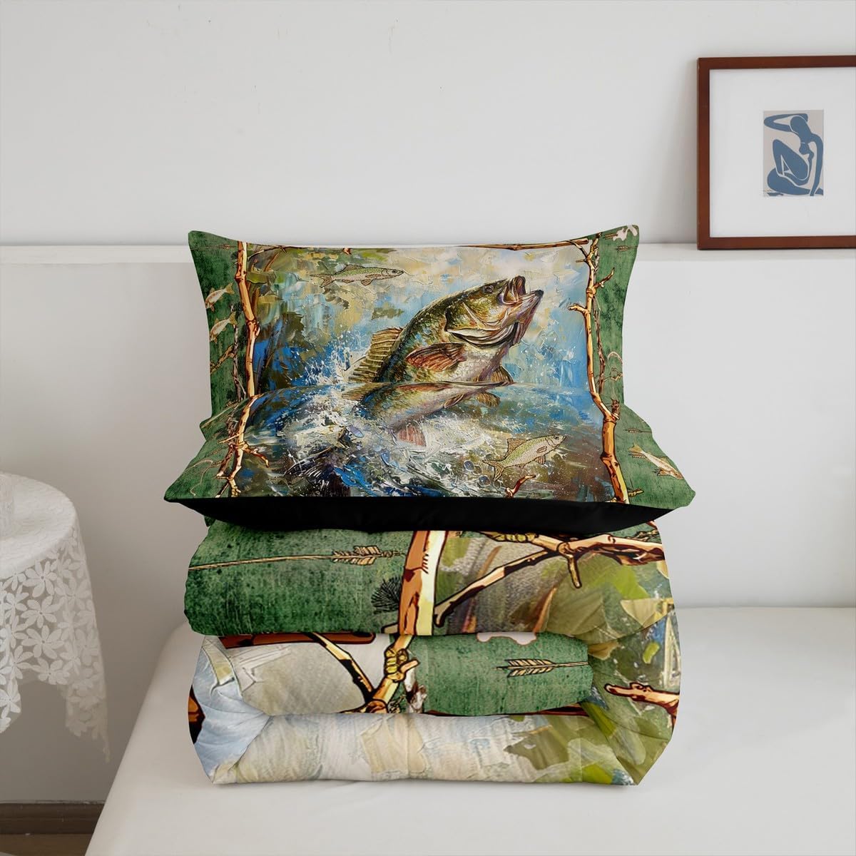 Feelyou Bass Fish Comforter Set Queen Size Kids Cabin Pike Fish Lake Fishing Comforter for Boys Girls Teens Wild Lodge Bedding Set Fisherman Duvet Set Room Decor Quilt Set