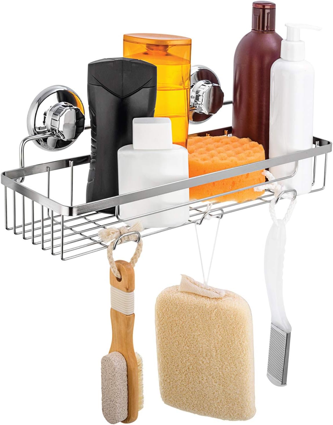 HASKO accessories Shower Caddy Suction cup - Adhesive Shower Caddy Wall Mounted with Hooks - NO Drilling Wall Mounted Bathroom Shelf - Shower Organizer (Polished Stainless Steel SS304)