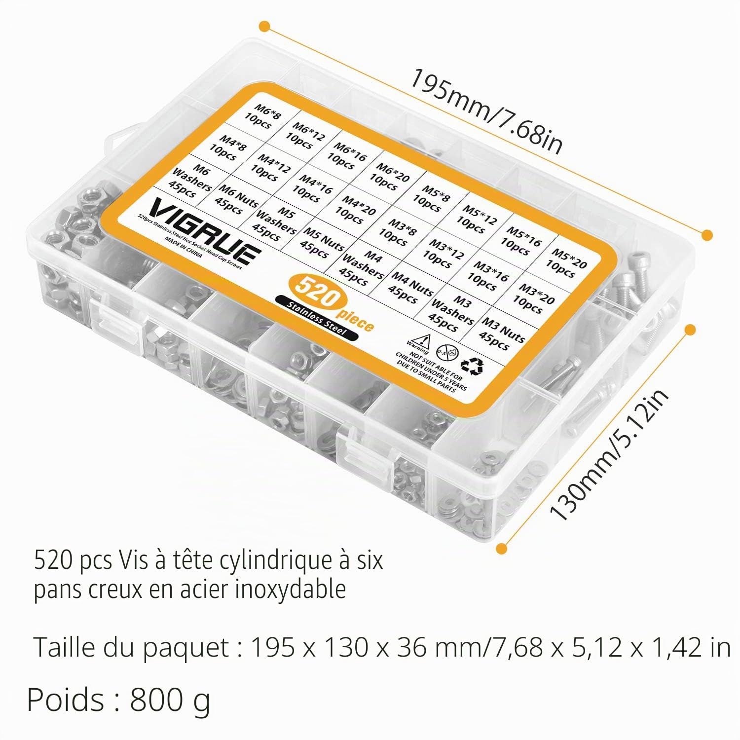 Kit 520PCS M3 M4 M5 M6 en Acier inoxydable Bouton à tête hexagonale Socket Tête Câble Boulons Vis avec écrous Assortiment - Vendu Par VIGRUE (Kit 520PCS)
