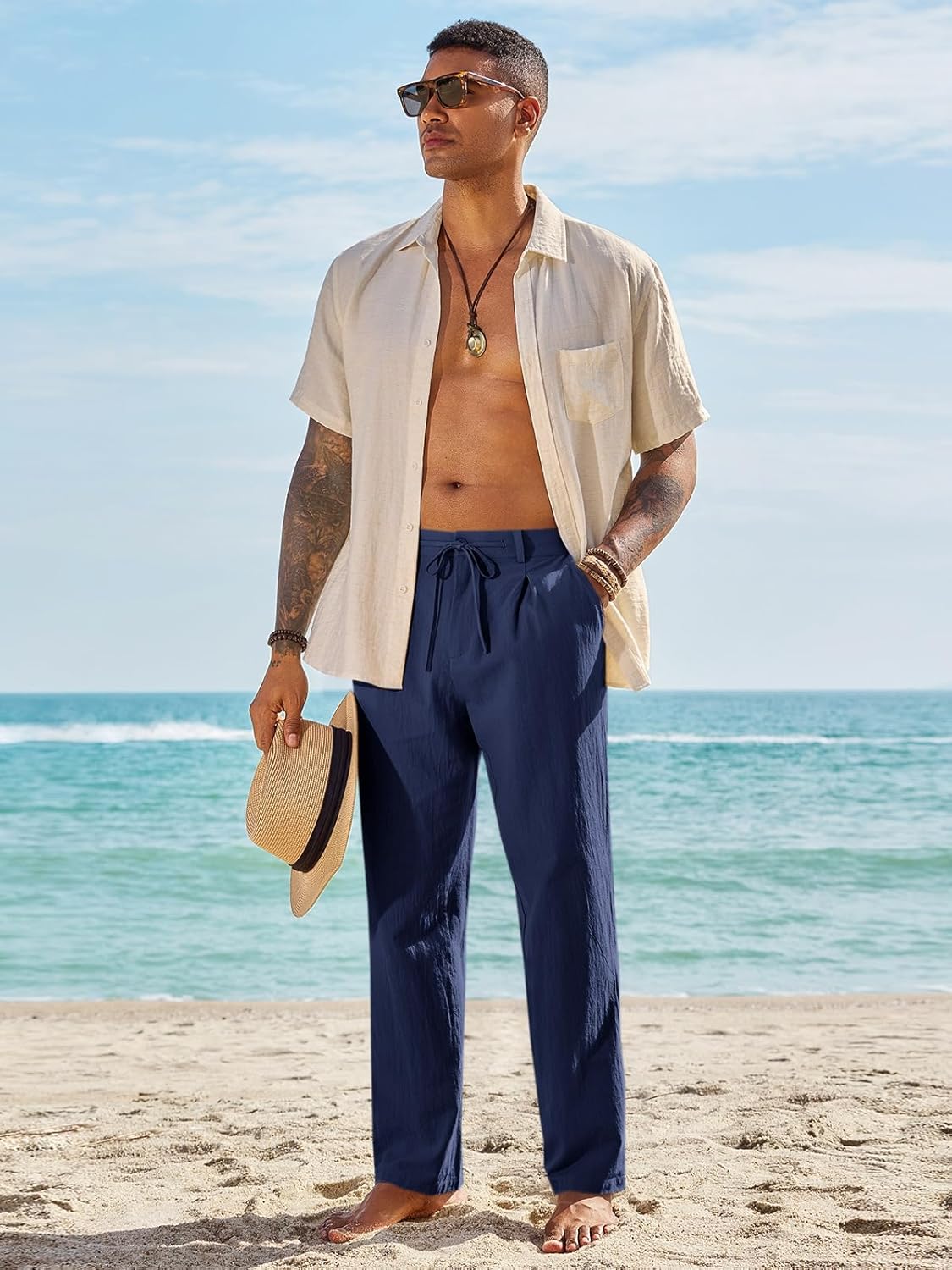 Runcati Mens Casual Pants Elastic Waist Drawstring Lightweight Pants Cotton Linen Summer Beach Yoga Trousers - Image 5