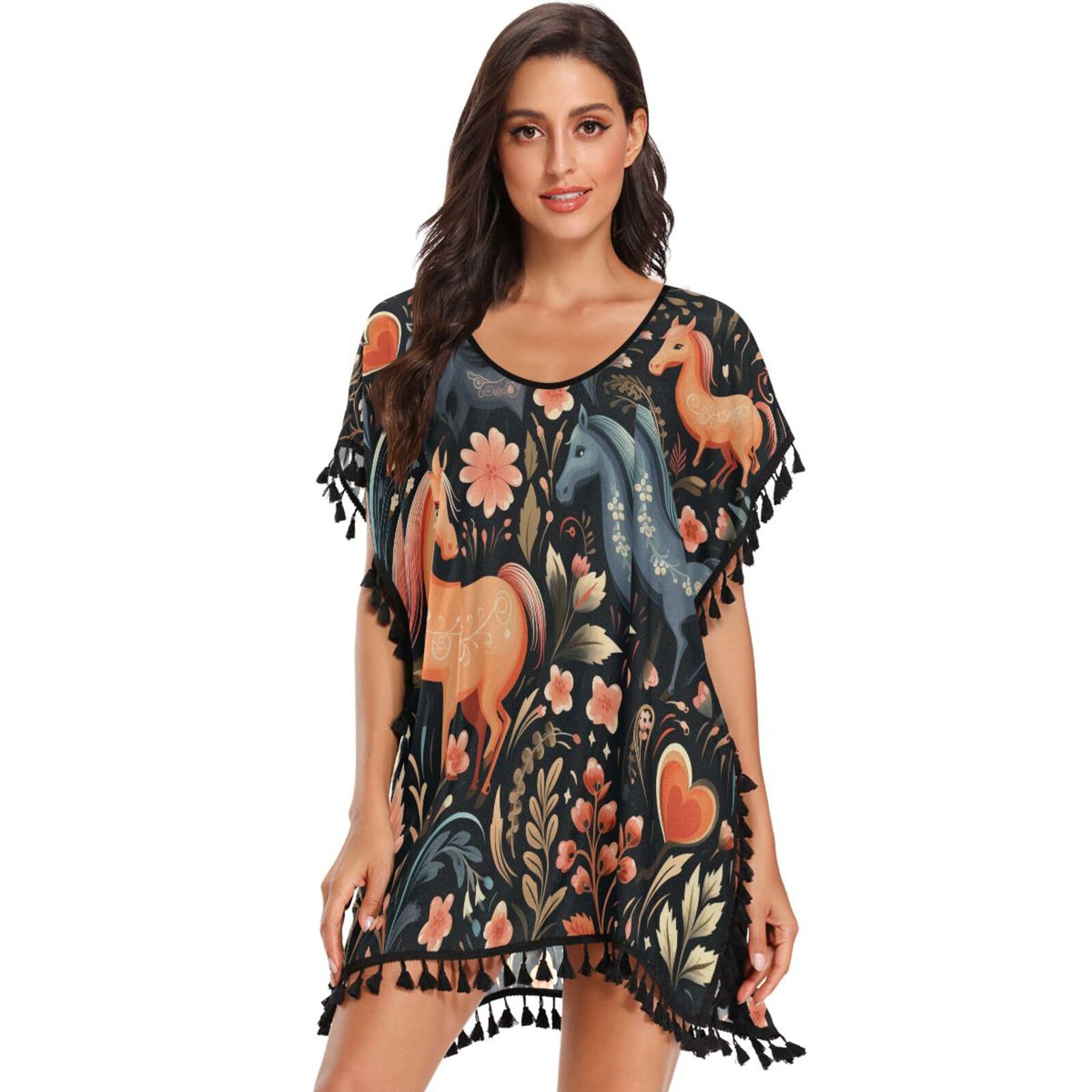 KAAVIYO Cartoon Pattern Cute Horses Women's Beach Cover Up Chiffon Tassel Swimwear Swimsuit Coverups for Girl