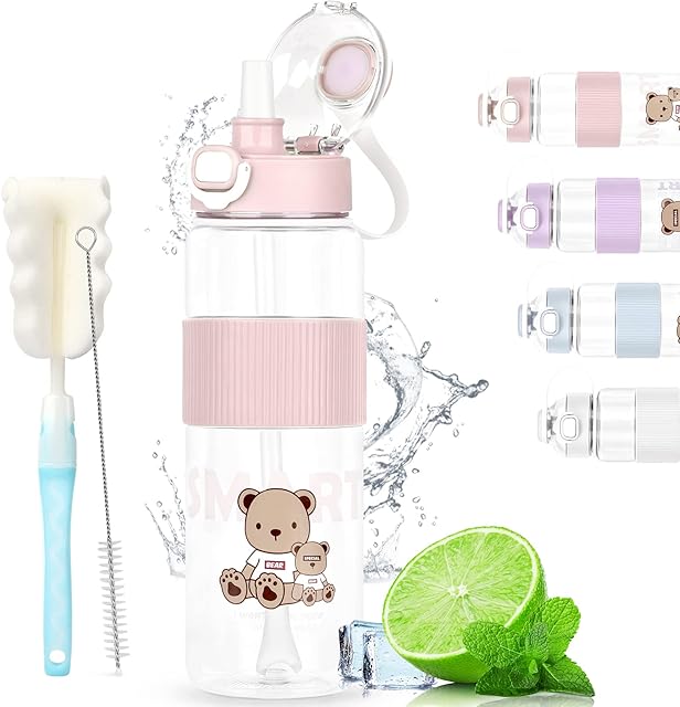 1 Litre Water Bottle, Leak Proof Drinks Bottle with Bottle Brush, Sports Water Bottle with Straw, Cute Clear Water Bottle for School Gym Office and Sports