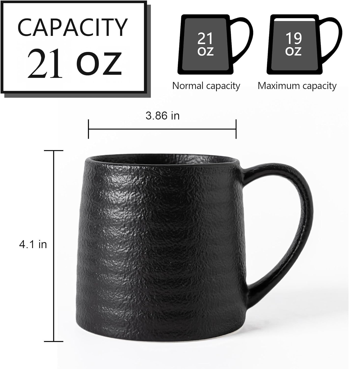 Ceramic Coffee mugs, 21 oz, Extra Large Mugs, Big Tea Cups, Large Handle, Pottery Mugs, Big Belly, Transmutation Glaze，Wide Bottom, stripe pattern, Microwave and Dishwasher Safe. (Black) - Image 2