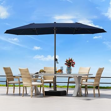OLILAWN Patio Table Umbrella, 15ft Large Deck Umbrella with Base Included, Outdoor Double-Sided Rectangle Market Umbrella with Aluminium Crank, 12 Sturdy Ribs, for Deck Porch Garden, Dark Blue