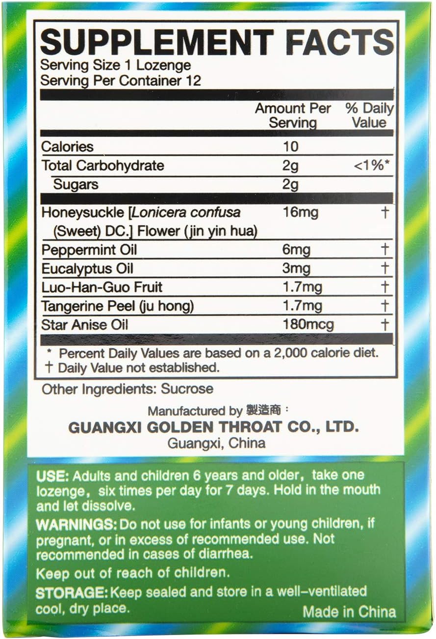 Golden Throat Lozenge Cough Drops (Jinsangzi Houpian) 12 Drops (2g) X 8 Pack
