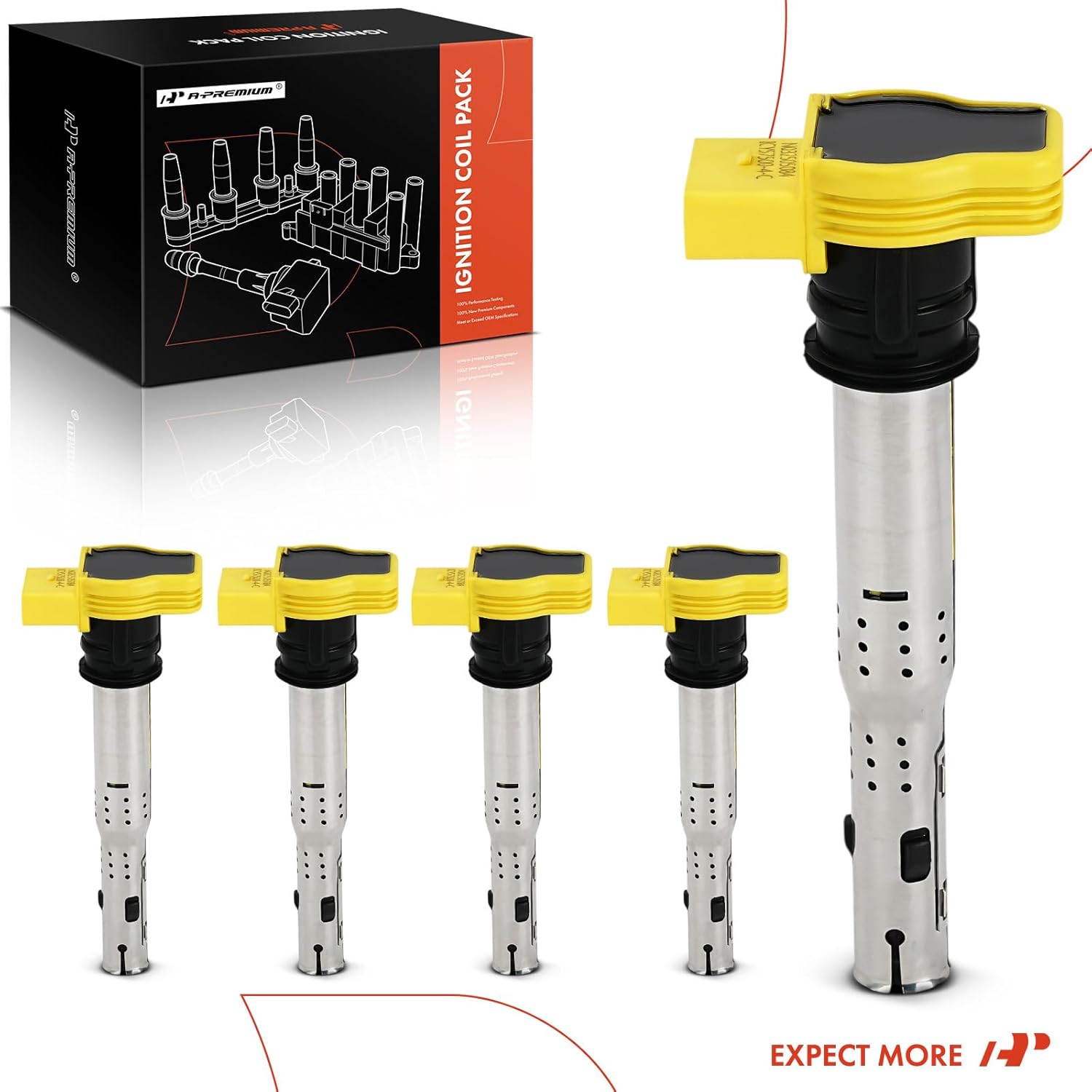 A-Premium Engine Ignition Coil Pack Compatible with Volkswagen Jetta 2005-2018, Passat 2012-2015, Golf 2010-2014, Beetle, Rabbit & Lamborghini Gallardo & Audi TT RS Quattro, Yellow，Set of 5