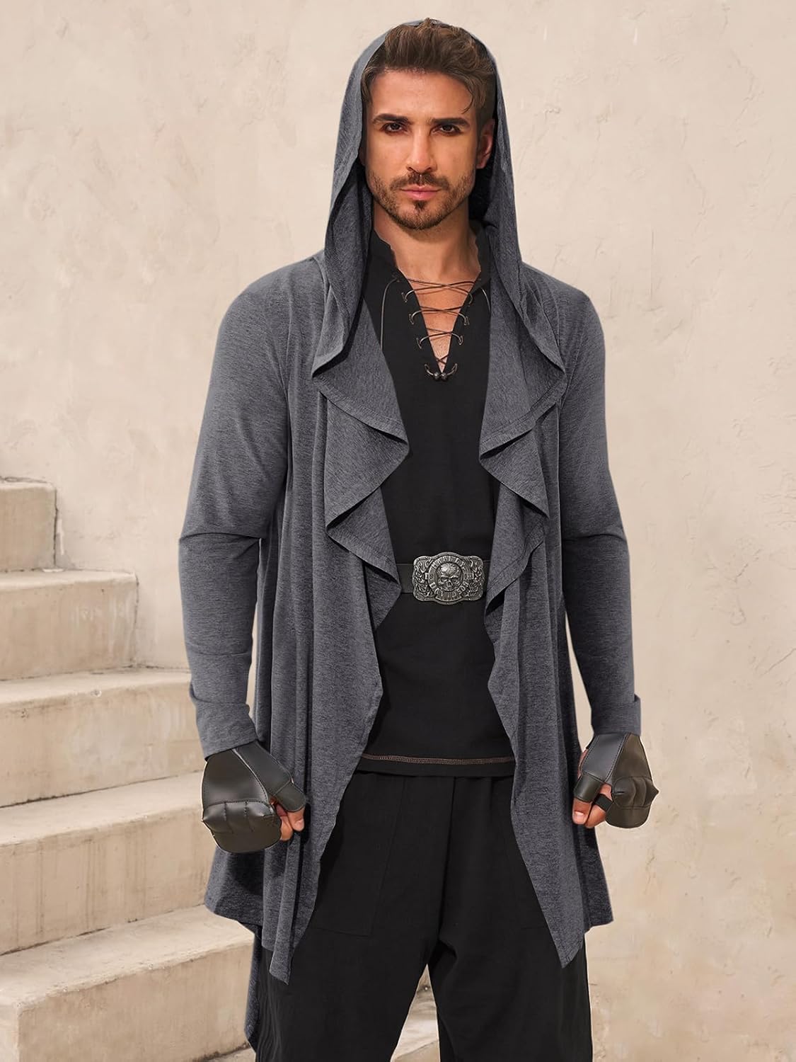 Runcati Mens Long Hooded Cardigan Ruffle Shawl Collar Open Front Long Sleeve Lightweight Drape Robe - Image 2