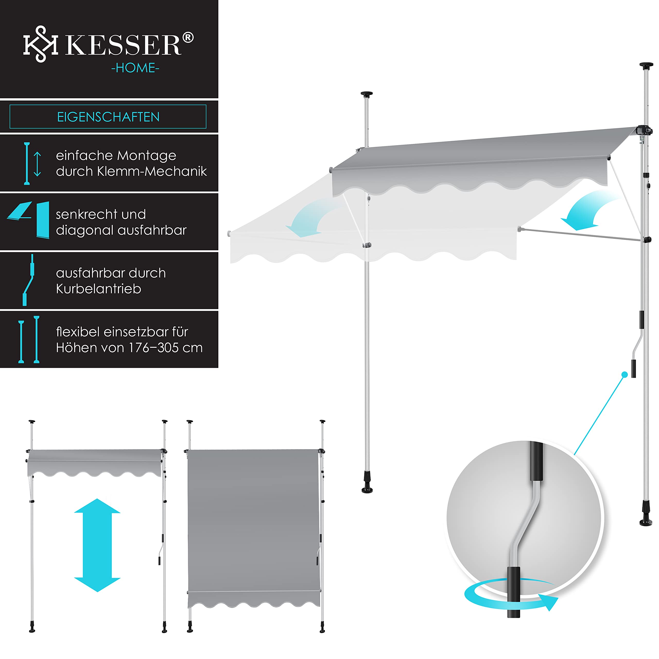 KESSER® Tenda da Sole a Morsetto con manovella per Balcone, Tenda da Sole per Balcone, Regolabile in Altezza, Idrorepellente, Protezione Solare, Copertura per terrazze, Grigio, 400cm