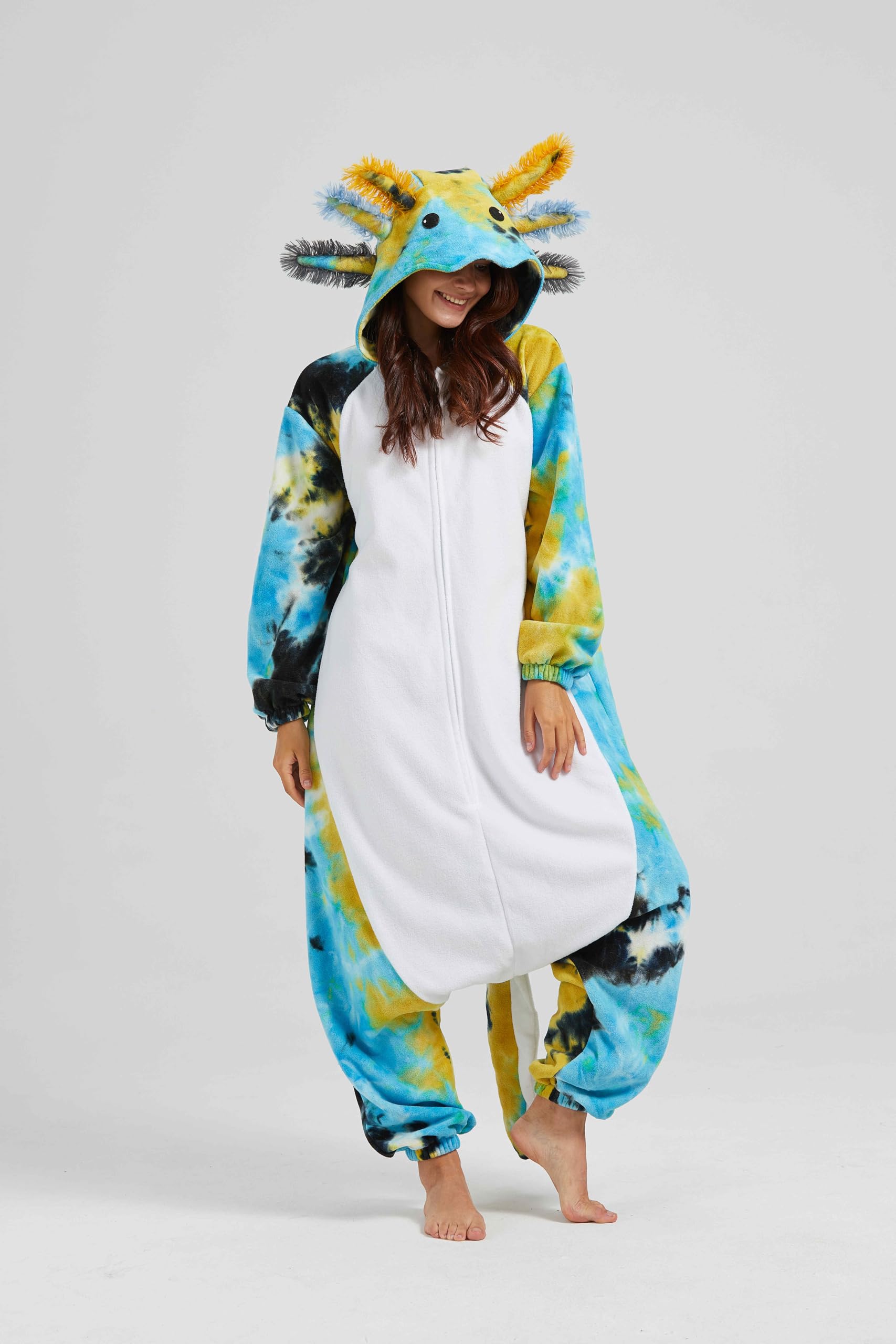 SimZoo Axolotl Tier-Einteiler-Pyjama für Erwachsene, Herren und Damen, Unisex-Hauskleidung Einteilige Cosplay-Kostüm, Nachtwäsche
