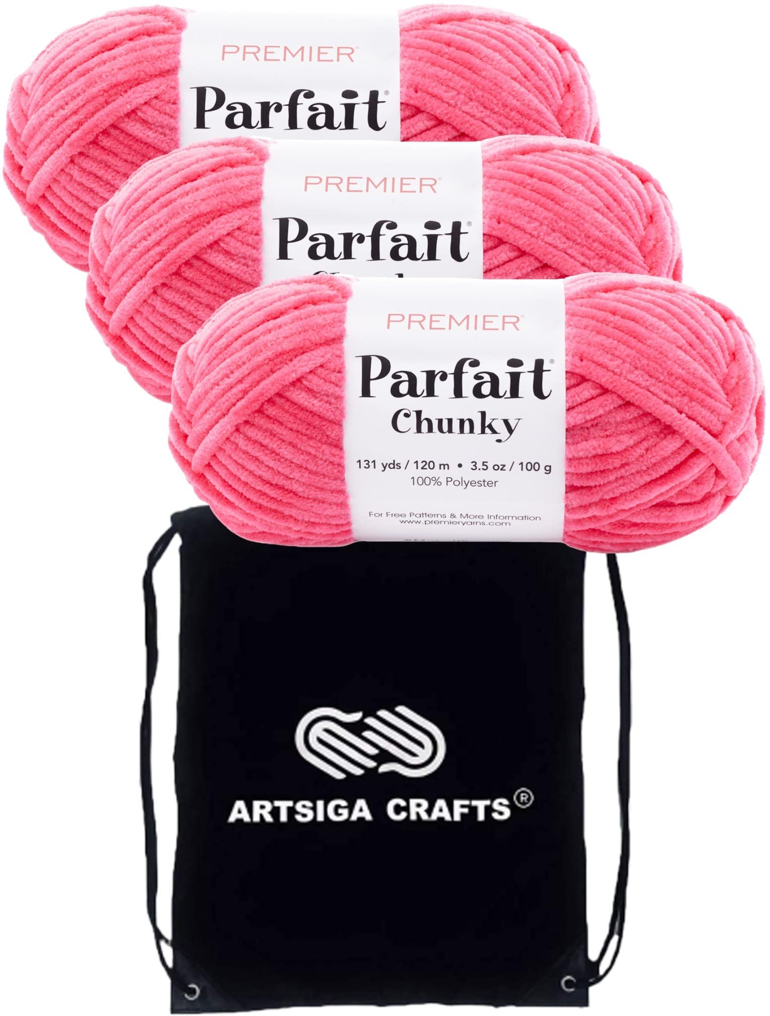 Hilo de tejer Premier Yarns Parfait Chunky Hibiscus paquete de 3 madejas con bolsa para labores