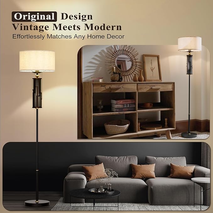 HYMELA V07-5 Farmhouse Floor Lamps - 58.5 Inch Rustic Tall Standing Light with Foot Switch and Drum Lamp Shade, Vintage Finisht Country Floor Lamp for Bedroom Office Livingroom photo 2