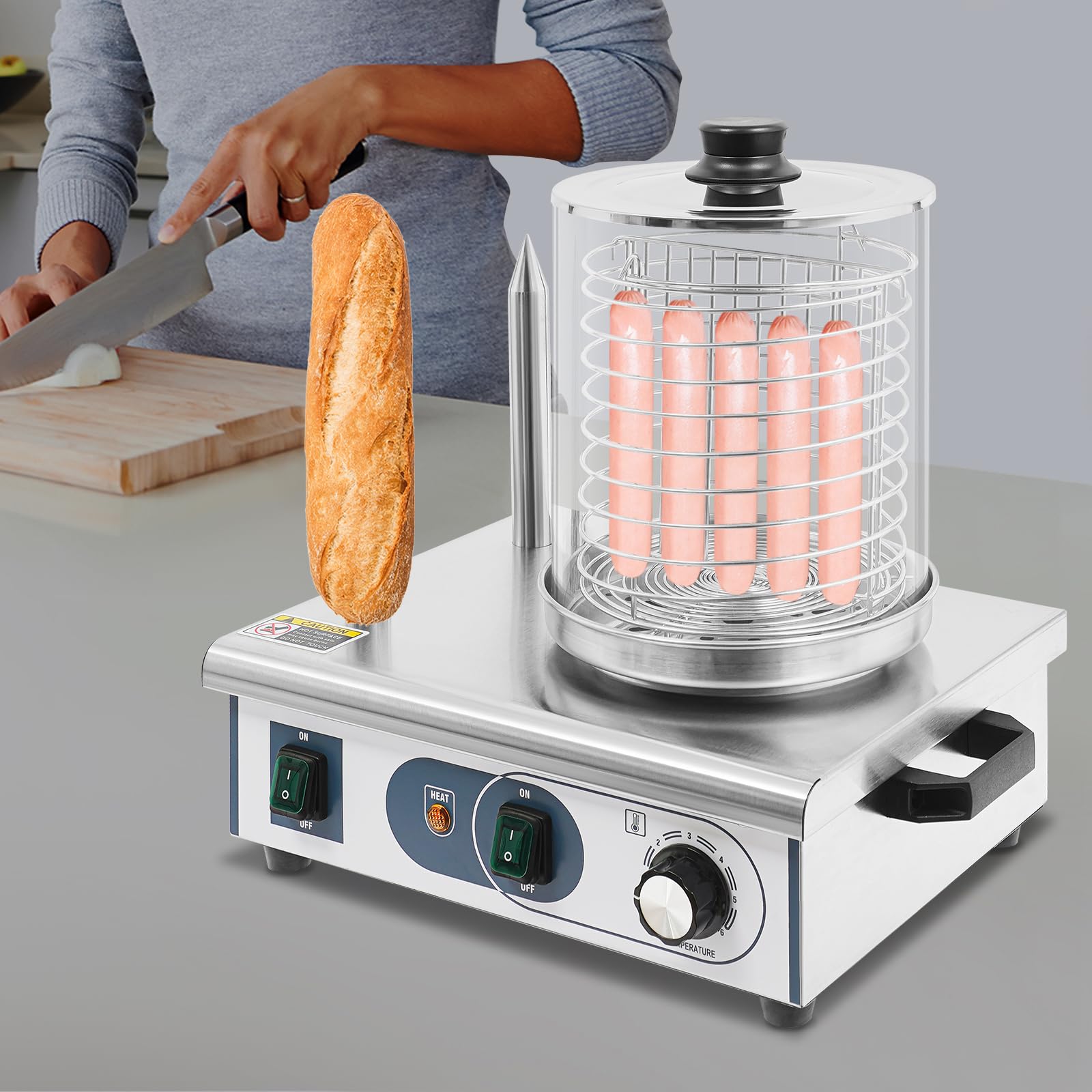 Profi Gastro Hot Dog Maker, Bockwurstwärmer mit 2 Heizspießen und 189 mm Korbdurchmesser, Hotdog Maker Set zum Erwärmen von Hot Dogs, Würstchen und Brötchen, Edelstahl Ausführung